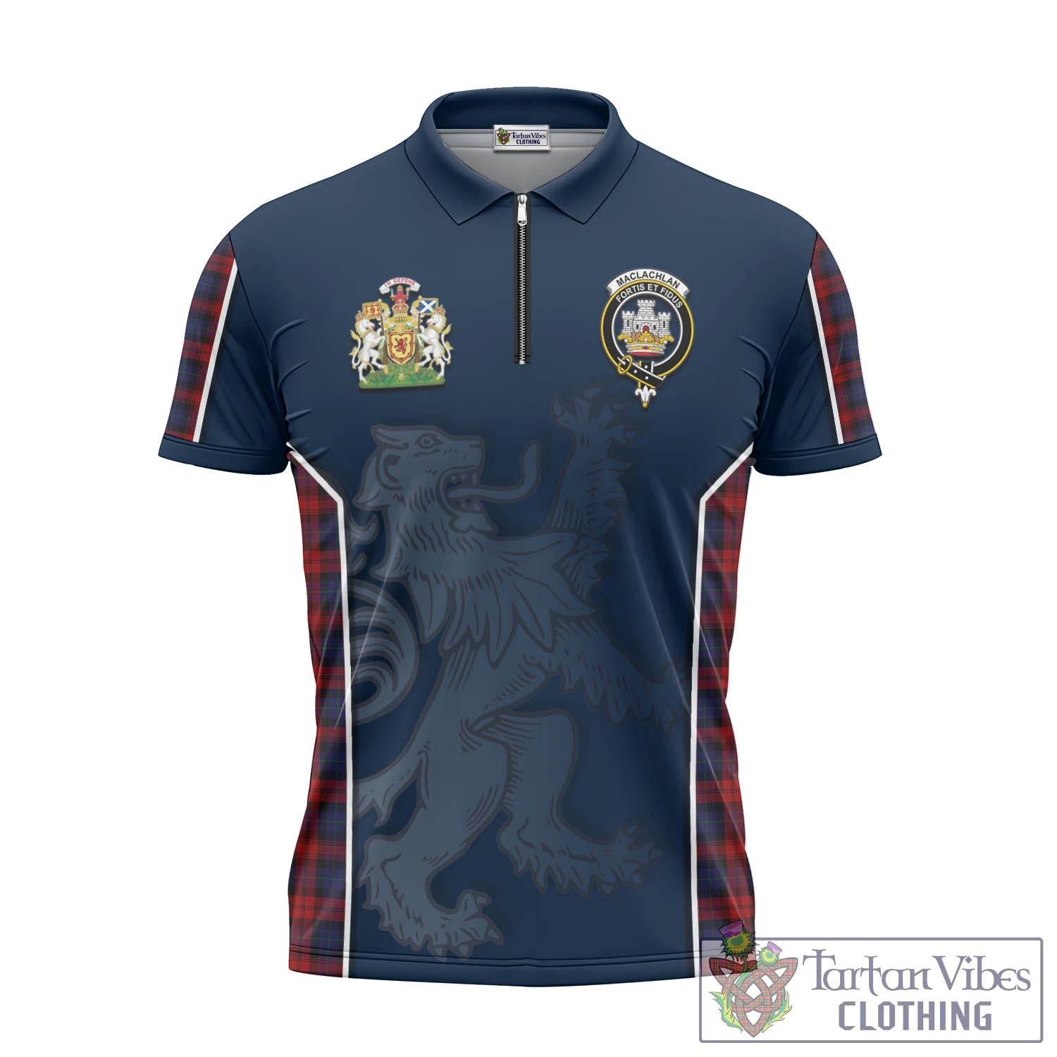 Tartan Vibes Clothing MacLachlan Tartan Zipper Polo Shirt with Family Crest and Lion Rampant Vibes Sport Style