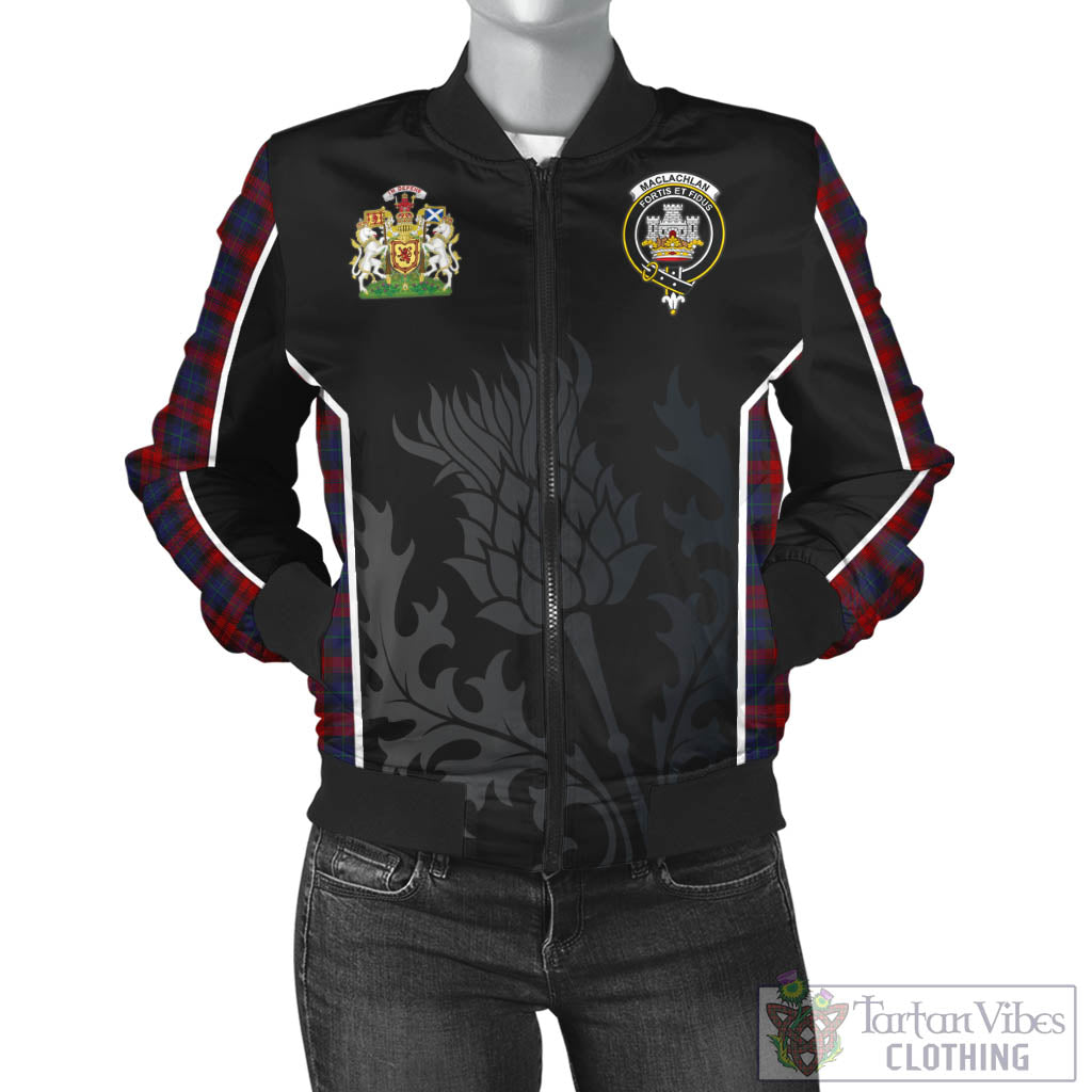 Tartan Vibes Clothing MacLachlan Tartan Bomber Jacket with Family Crest and Scottish Thistle Vibes Sport Style