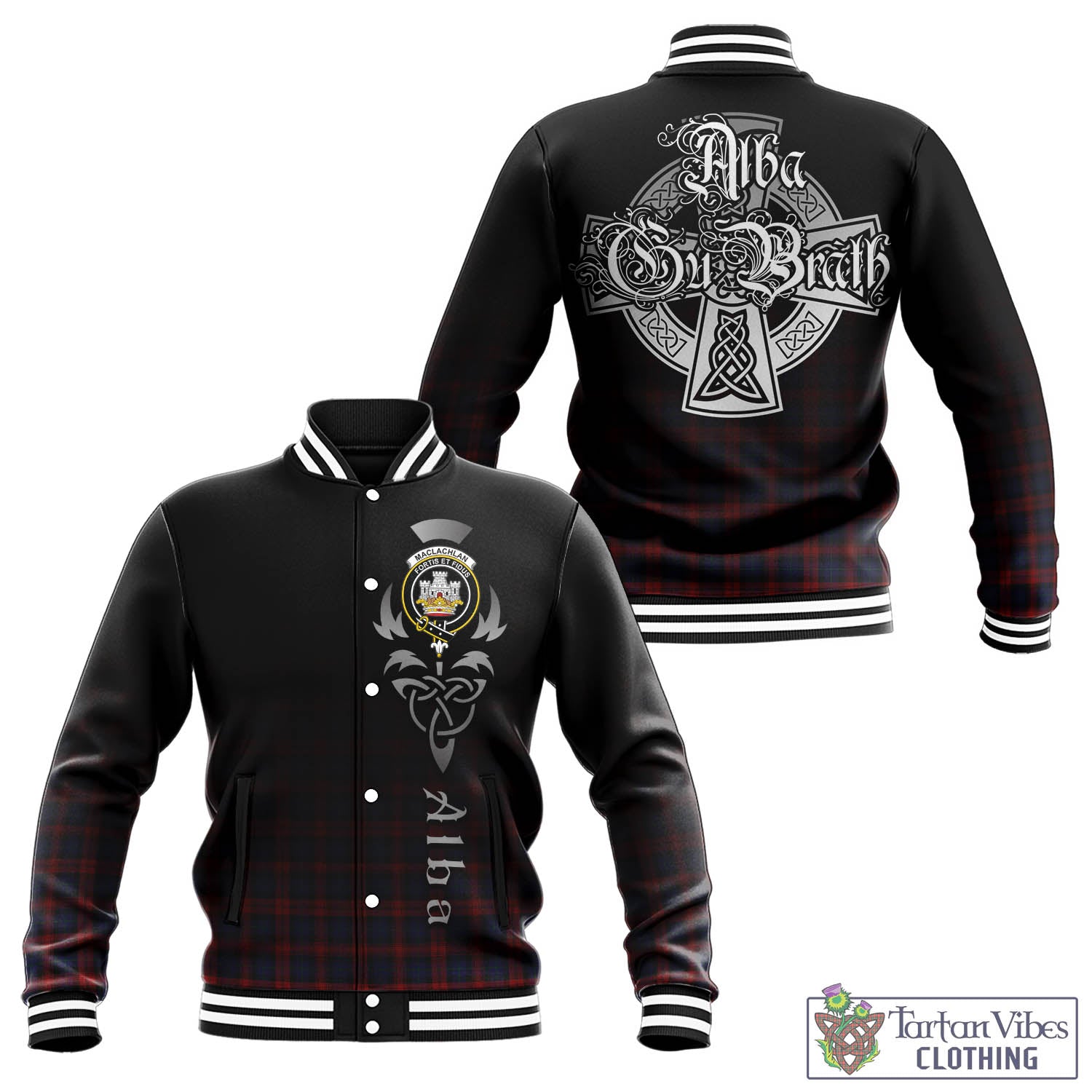 Tartan Vibes Clothing MacLachlan Tartan Baseball Jacket Featuring Alba Gu Brath Family Crest Celtic Inspired