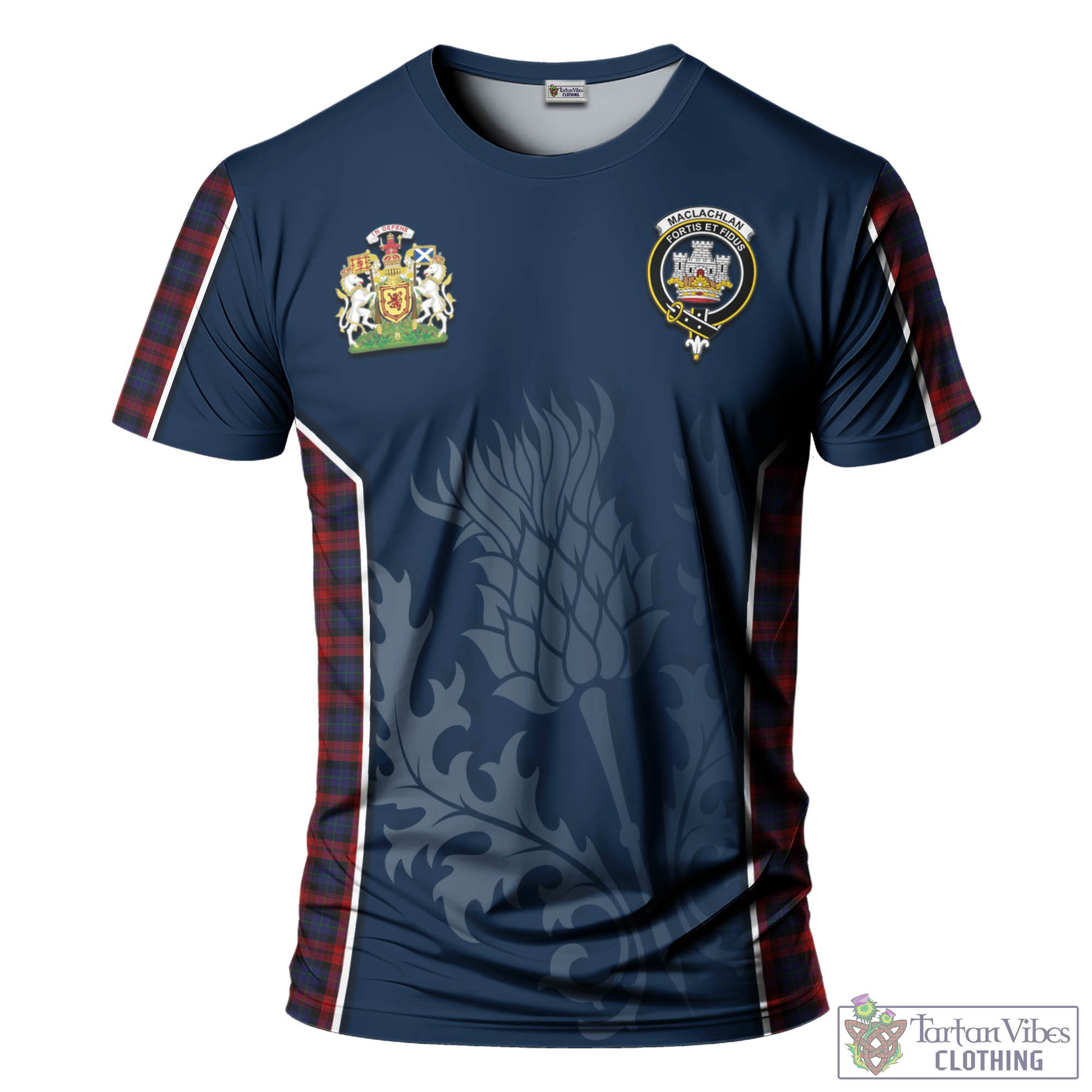 Tartan Vibes Clothing MacLachlan Tartan T-Shirt with Family Crest and Scottish Thistle Vibes Sport Style