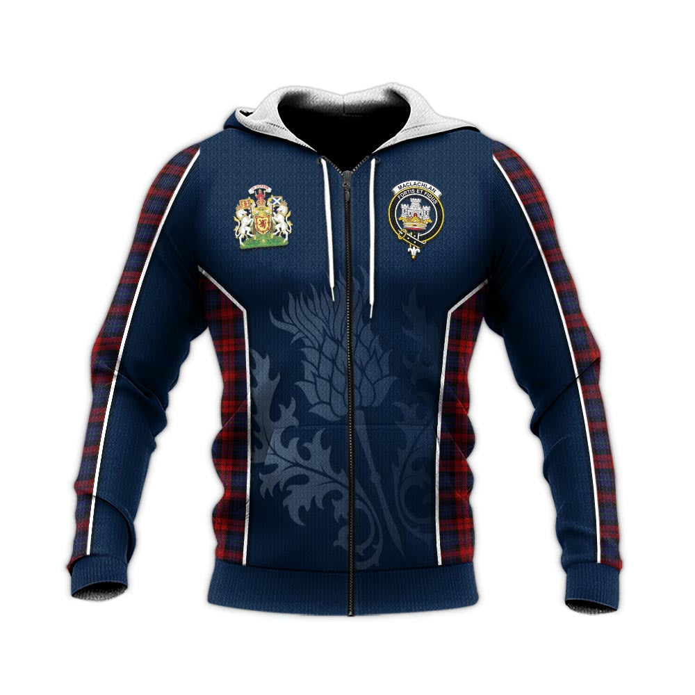 Tartan Vibes Clothing MacLachlan Tartan Knitted Hoodie with Family Crest and Scottish Thistle Vibes Sport Style