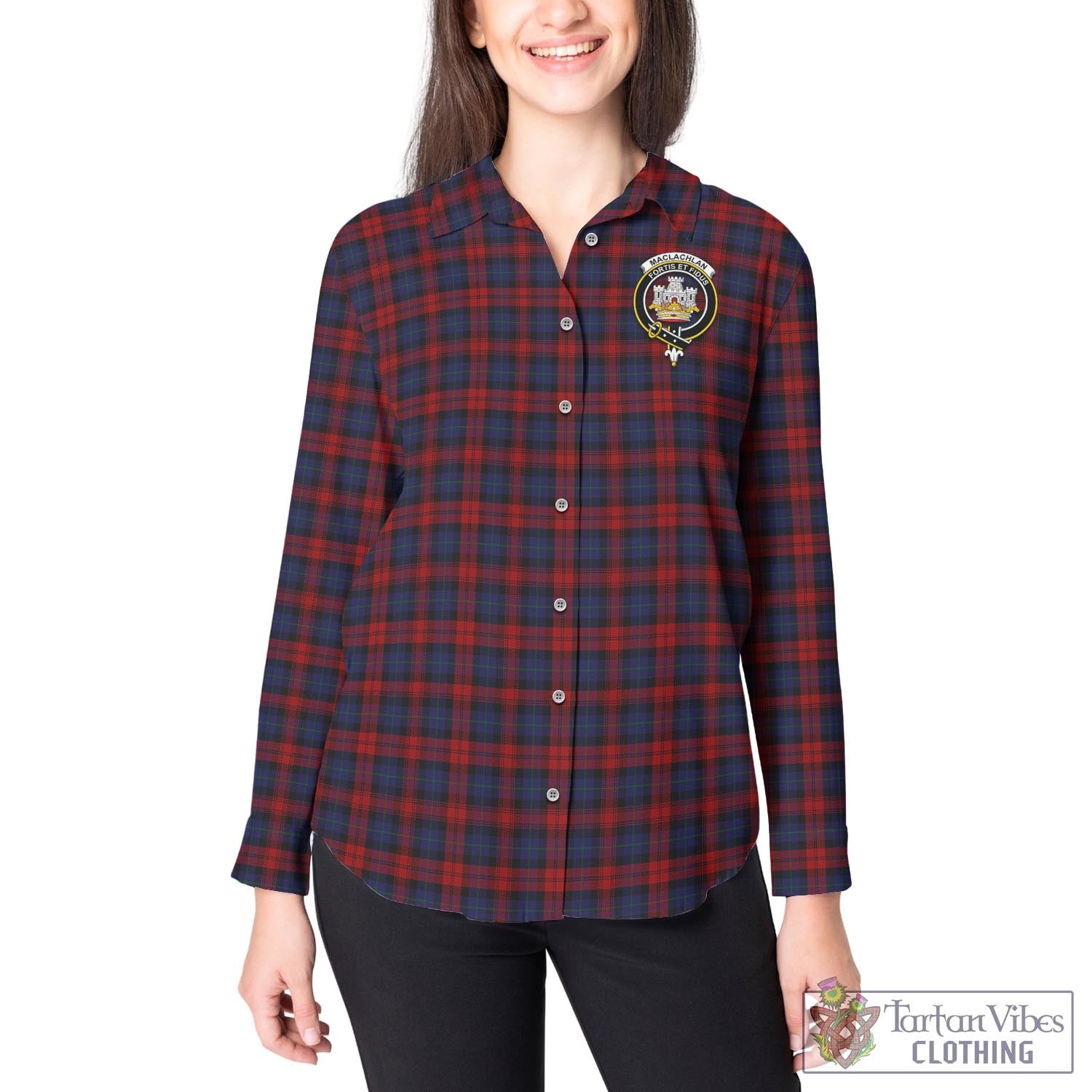 Tartan Vibes Clothing MacLachlan Tartan Womens Casual Shirt with Family Crest