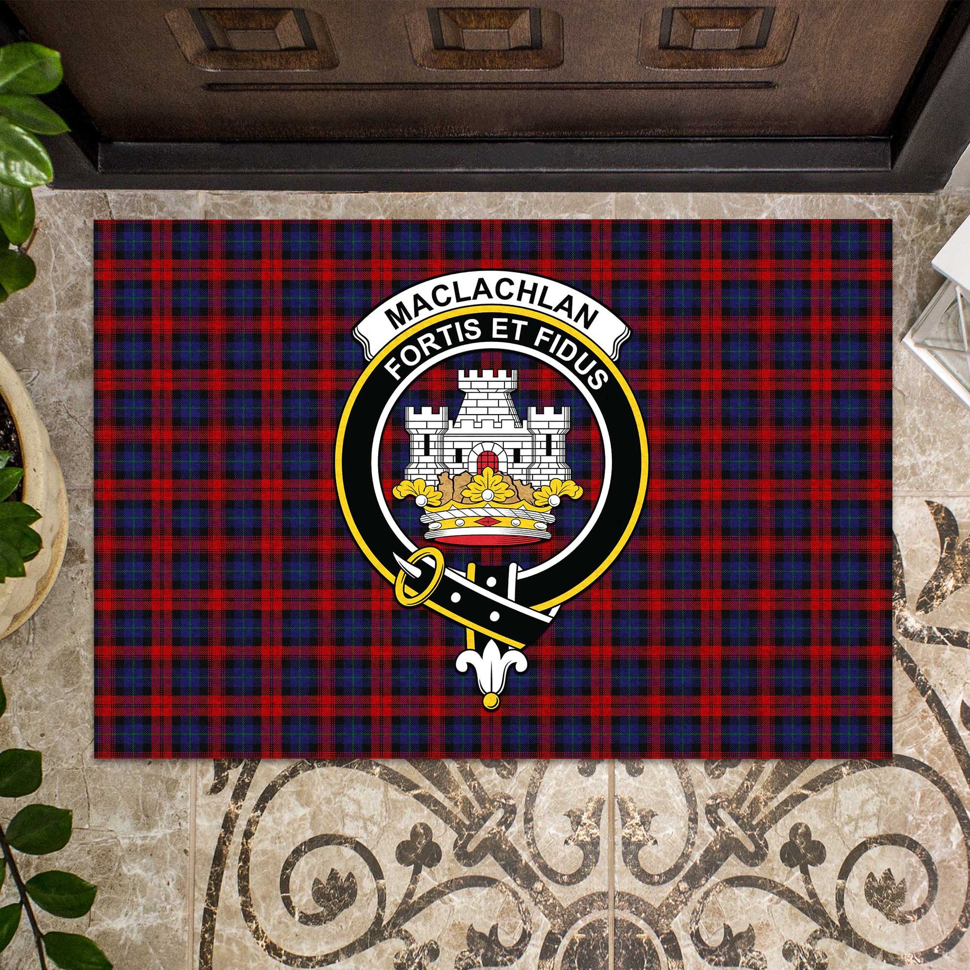 MacLachlan Tartan Door Mat with Family Crest - Tartanvibesclothing