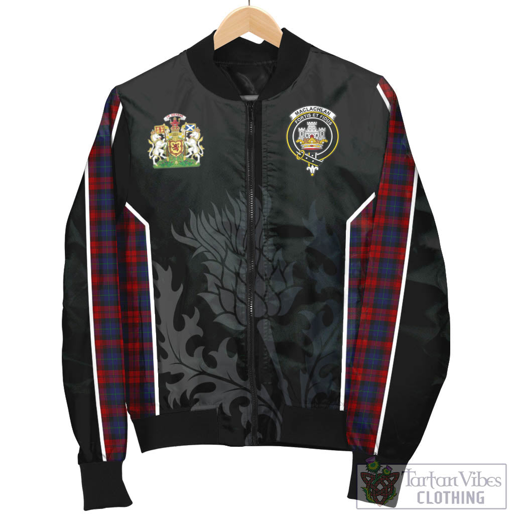 Tartan Vibes Clothing MacLachlan Tartan Bomber Jacket with Family Crest and Scottish Thistle Vibes Sport Style