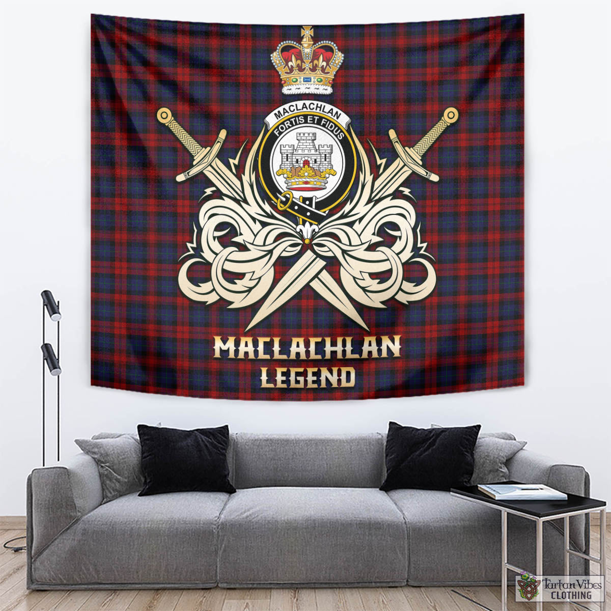 Tartan Vibes Clothing MacLachlan Tartan Tapestry with Clan Crest and the Golden Sword of Courageous Legacy