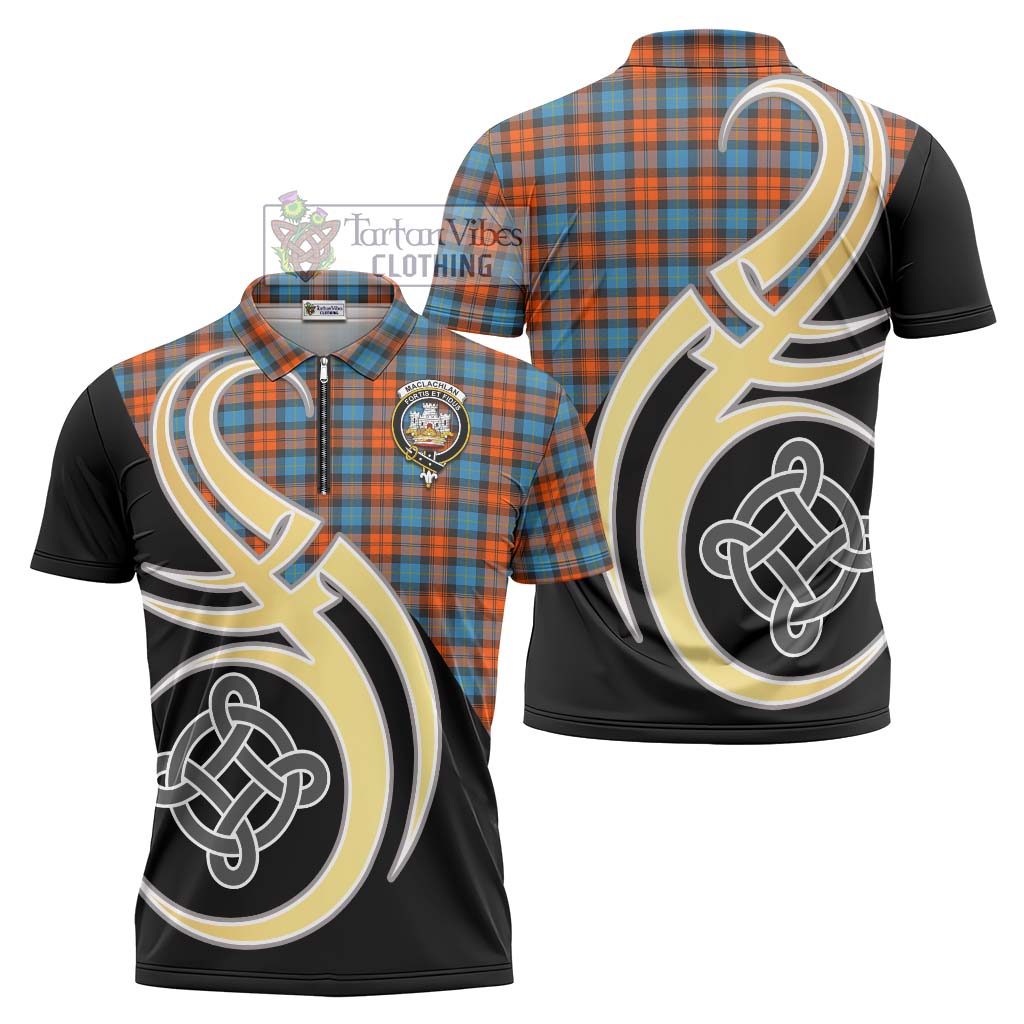 Tartan Vibes Clothing MacLachlan Ancient Tartan Zipper Polo Shirt with Family Crest and Celtic Symbol Style