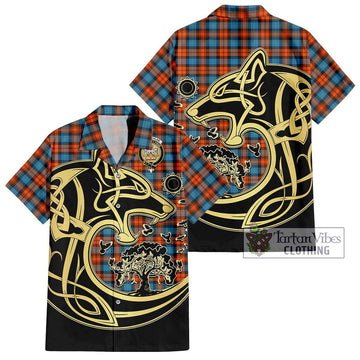 MacLachlan Ancient Tartan Short Sleeve Button Shirt with Family Crest Celtic Wolf Style