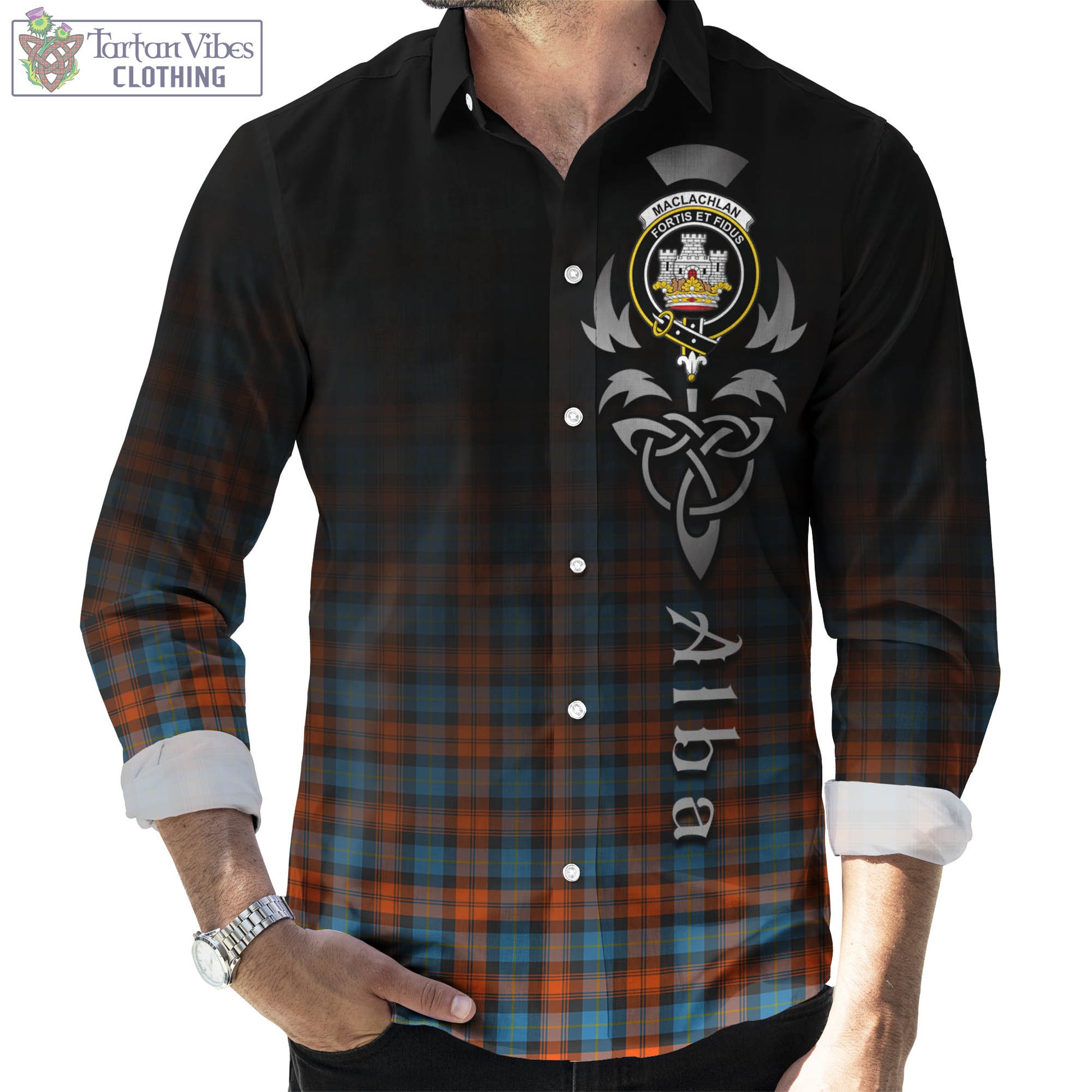 Tartan Vibes Clothing MacLachlan Ancient Tartan Long Sleeve Button Up Featuring Alba Gu Brath Family Crest Celtic Inspired