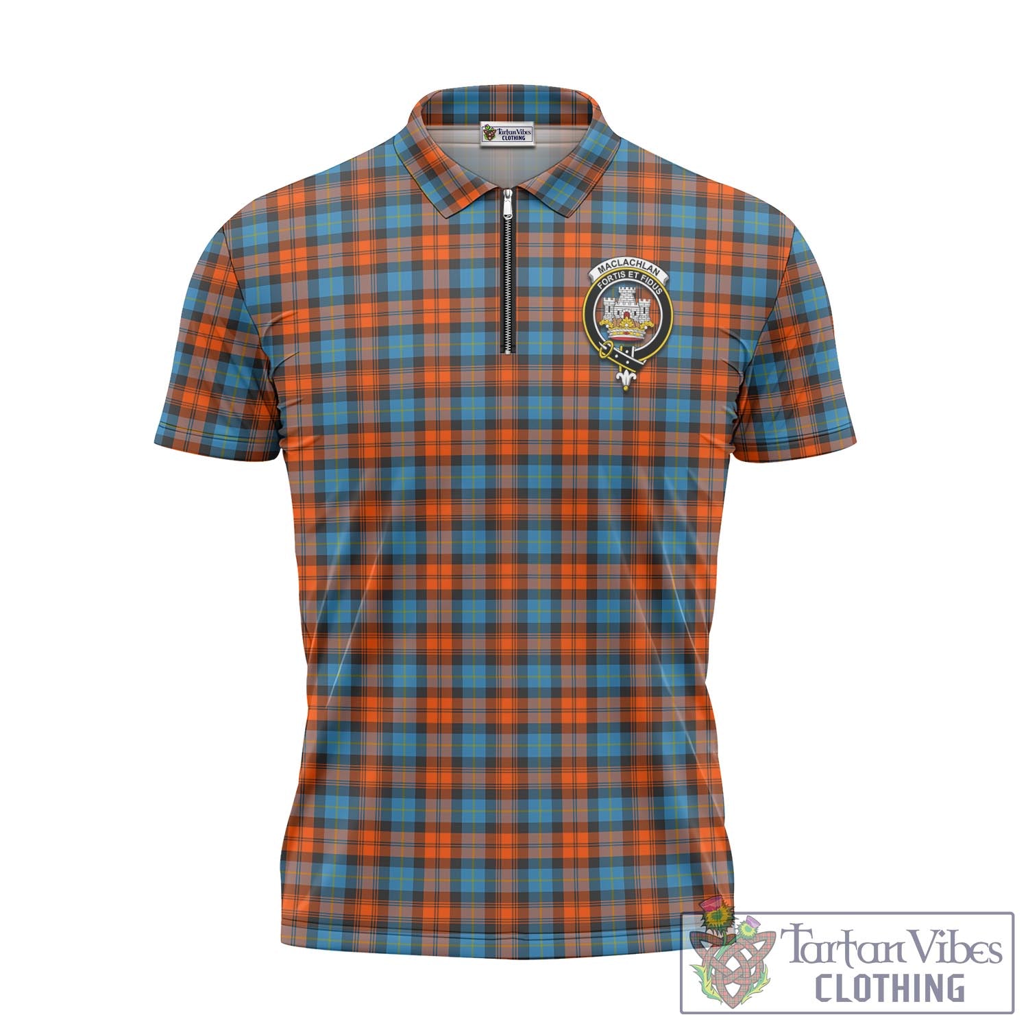 Tartan Vibes Clothing MacLachlan Ancient Tartan Zipper Polo Shirt with Family Crest