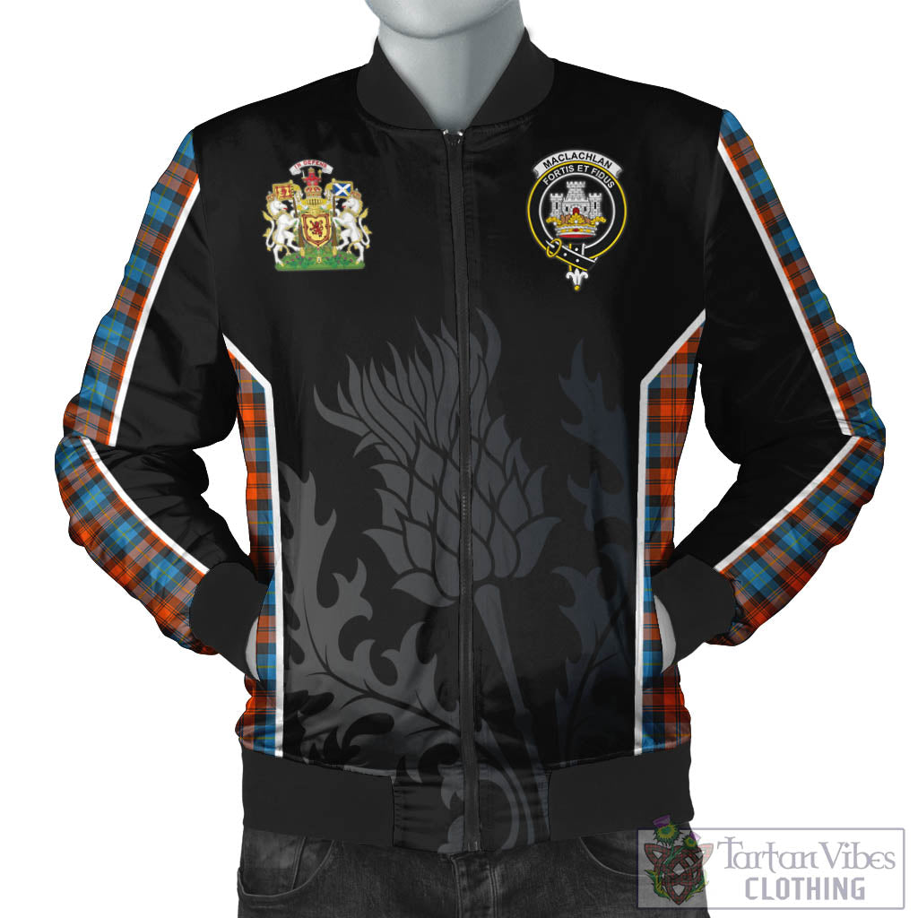 Tartan Vibes Clothing MacLachlan Ancient Tartan Bomber Jacket with Family Crest and Scottish Thistle Vibes Sport Style