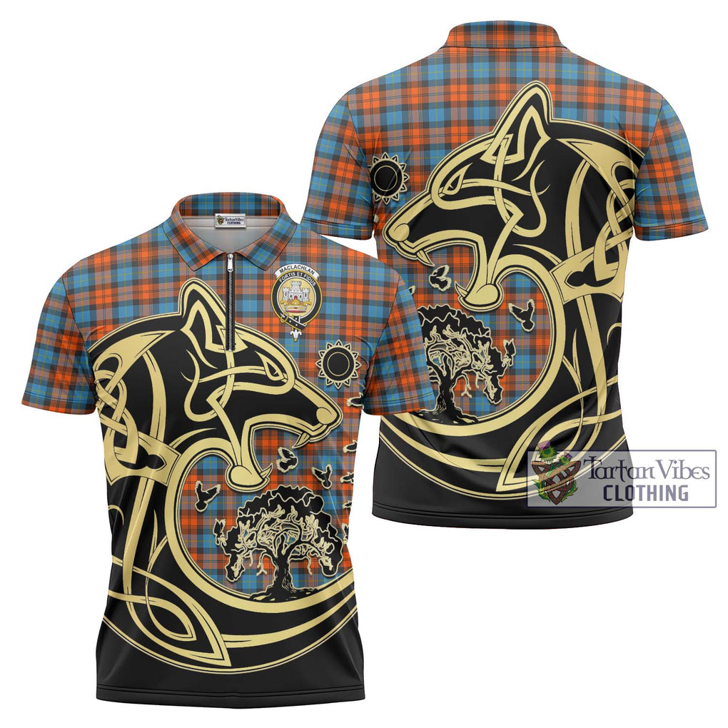 MacLachlan Ancient Tartan Zipper Polo Shirt with Family Crest Celtic Wolf Style Unisex - Tartanvibesclothing Shop