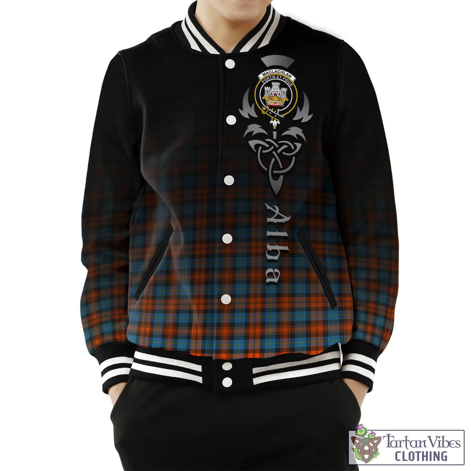 Tartan Vibes Clothing MacLachlan Ancient Tartan Baseball Jacket Featuring Alba Gu Brath Family Crest Celtic Inspired