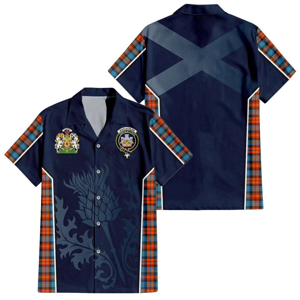 Tartan Vibes Clothing MacLachlan Ancient Tartan Short Sleeve Button Up Shirt with Family Crest and Scottish Thistle Vibes Sport Style