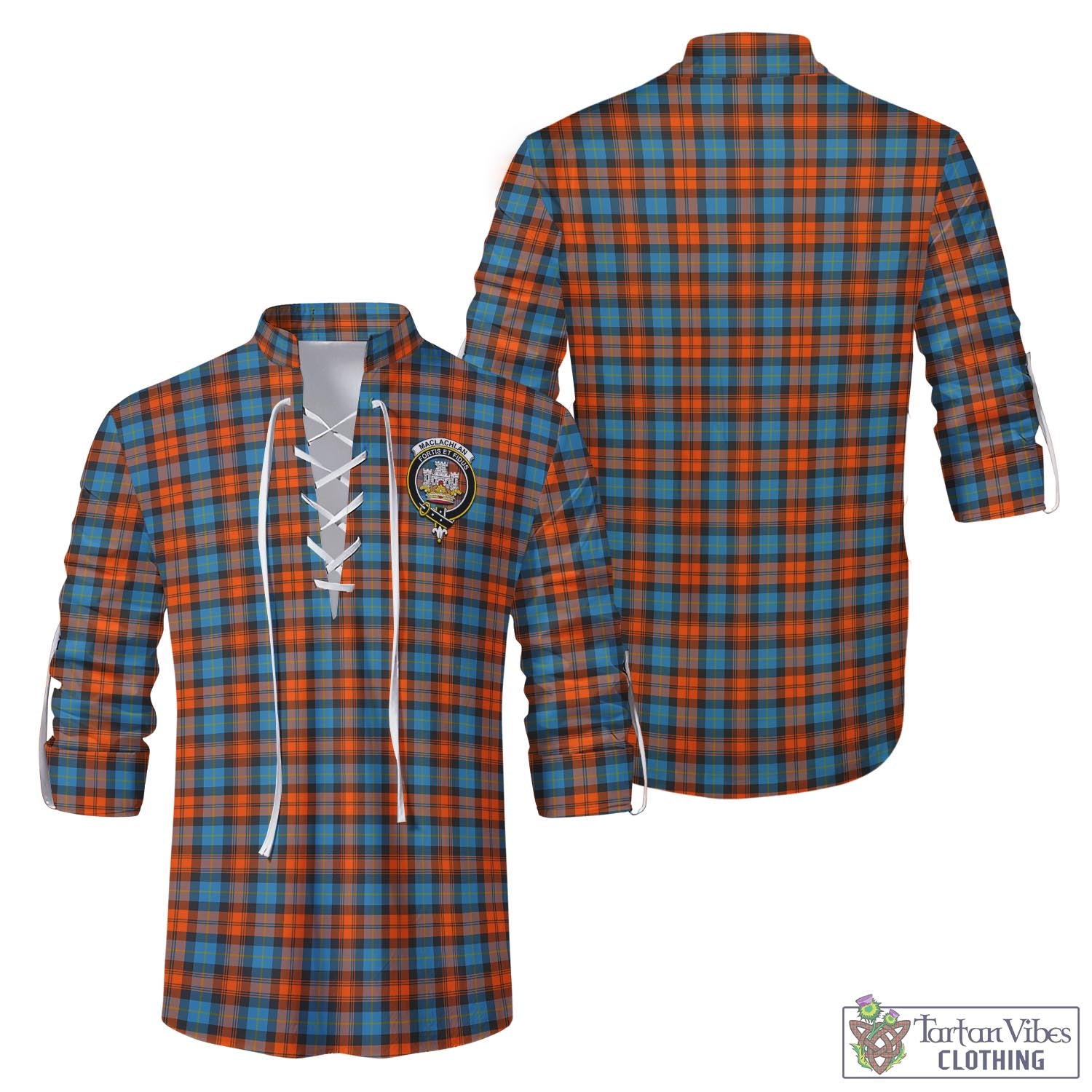 Tartan Vibes Clothing MacLachlan Ancient Tartan Men's Scottish Traditional Jacobite Ghillie Kilt Shirt with Family Crest