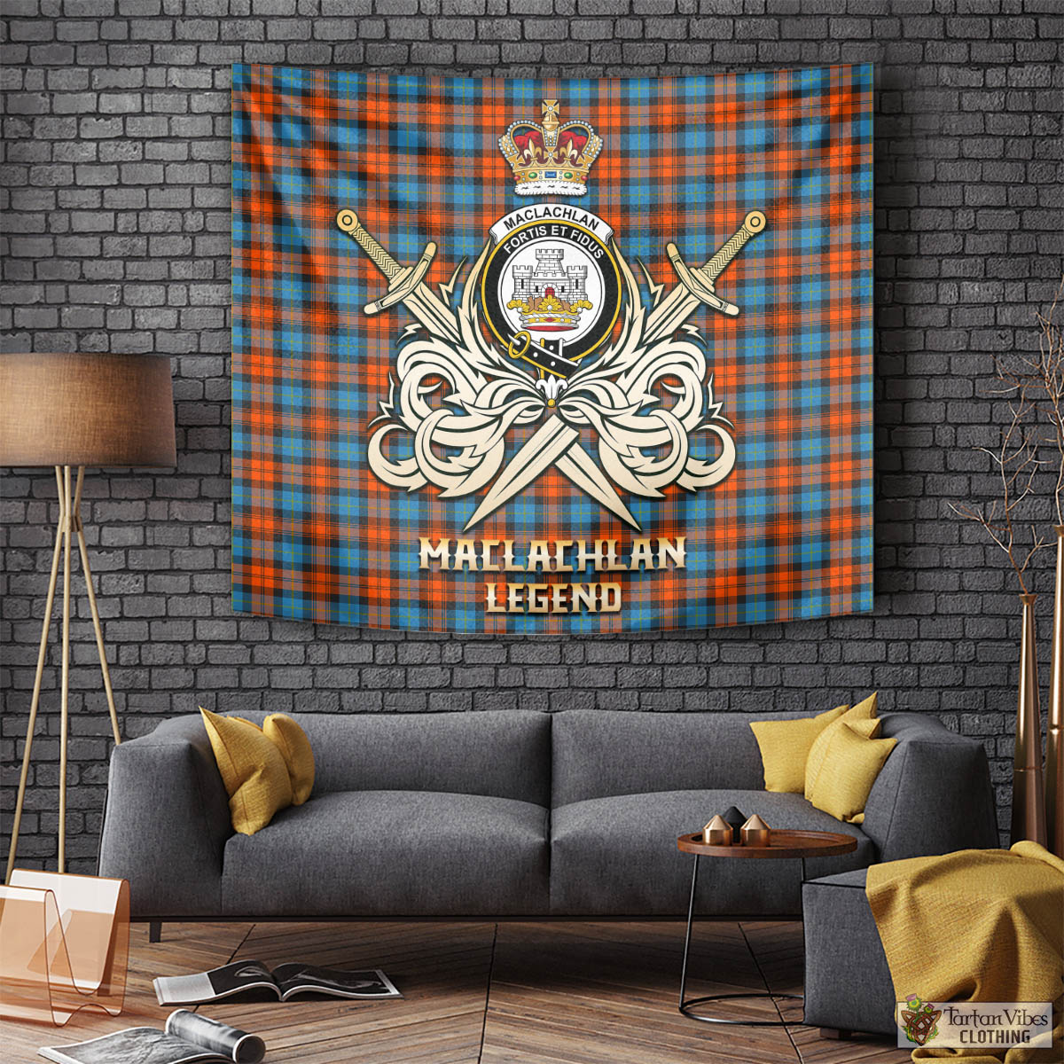 Tartan Vibes Clothing MacLachlan Ancient Tartan Tapestry with Clan Crest and the Golden Sword of Courageous Legacy