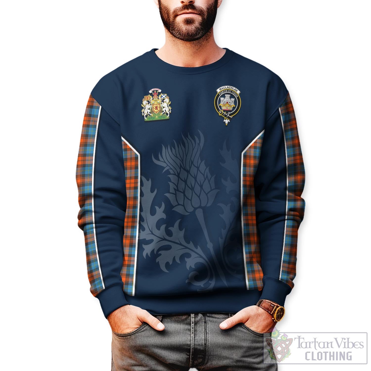 Tartan Vibes Clothing MacLachlan Ancient Tartan Sweatshirt with Family Crest and Scottish Thistle Vibes Sport Style