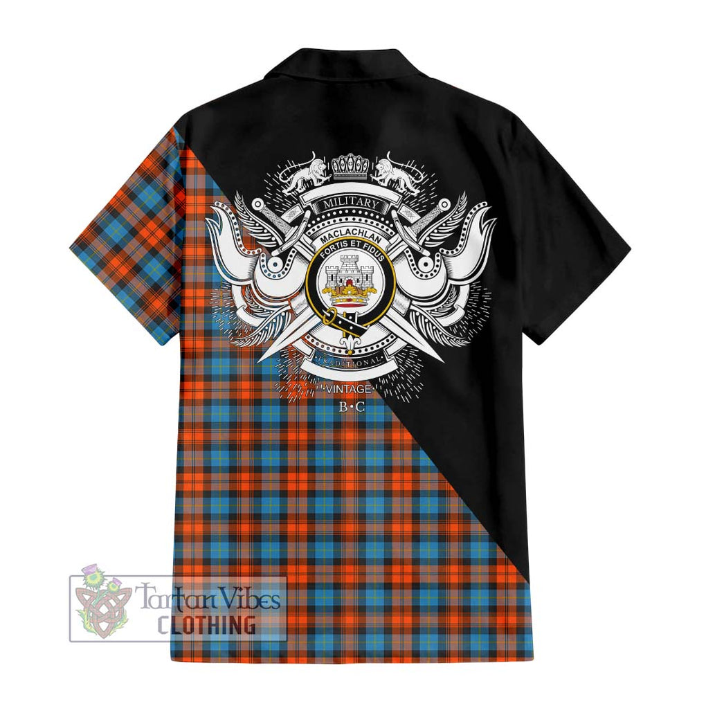 MacLachlan Ancient Tartan Short Sleeve Button Shirt with Family Crest and Military Logo Style - Tartanvibesclothing Shop