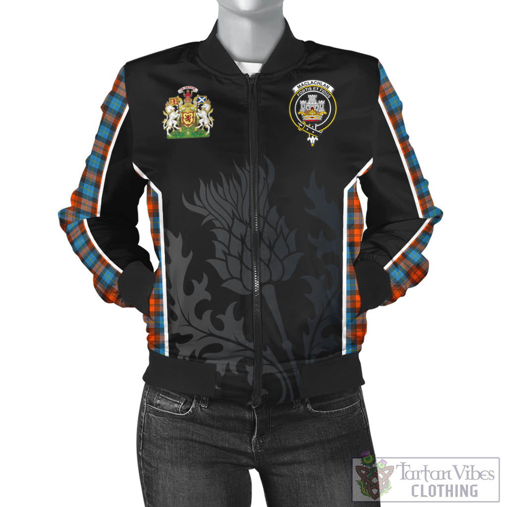 Tartan Vibes Clothing MacLachlan Ancient Tartan Bomber Jacket with Family Crest and Scottish Thistle Vibes Sport Style