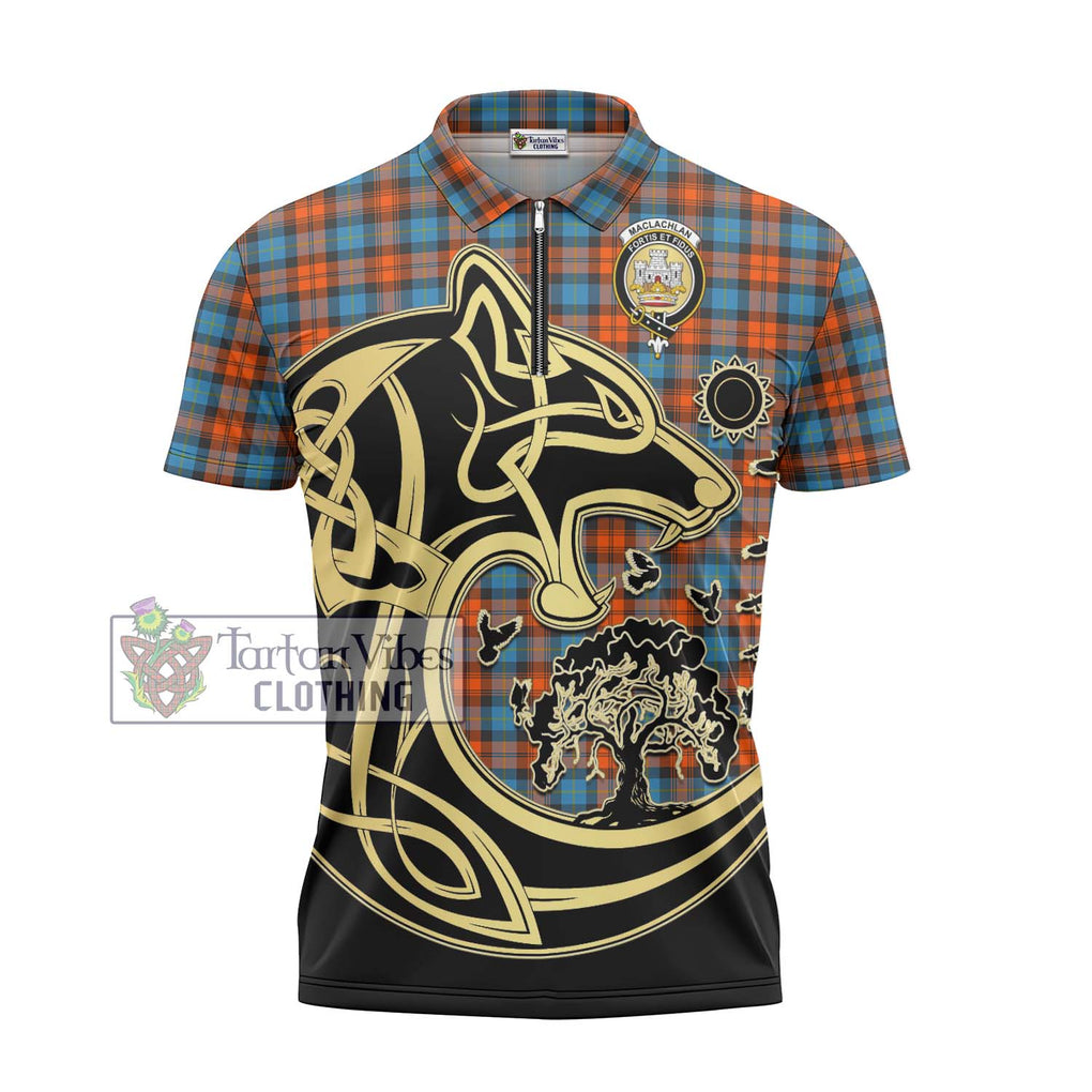 MacLachlan Ancient Tartan Zipper Polo Shirt with Family Crest Celtic Wolf Style - Tartanvibesclothing Shop