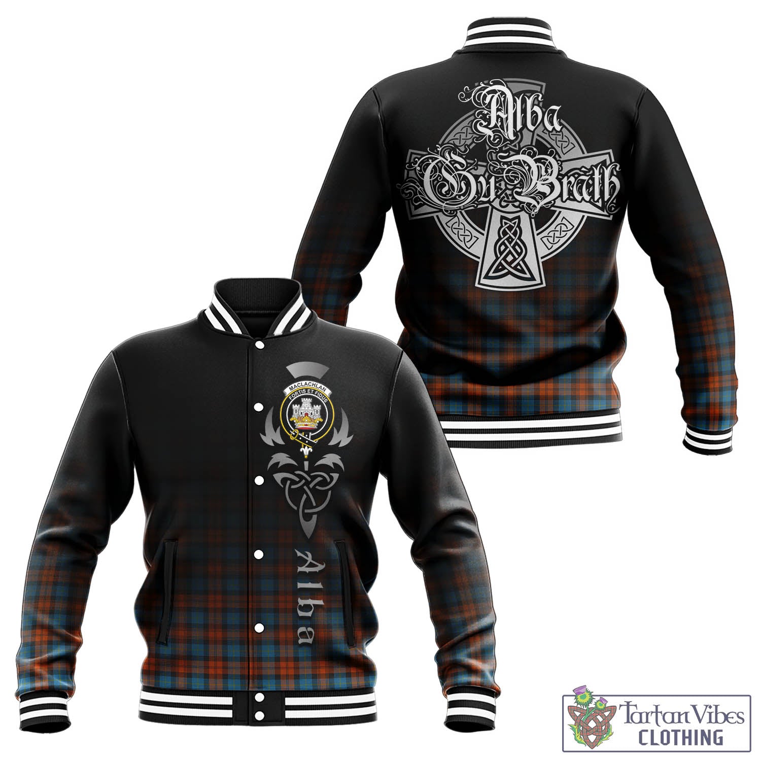 Tartan Vibes Clothing MacLachlan Ancient Tartan Baseball Jacket Featuring Alba Gu Brath Family Crest Celtic Inspired