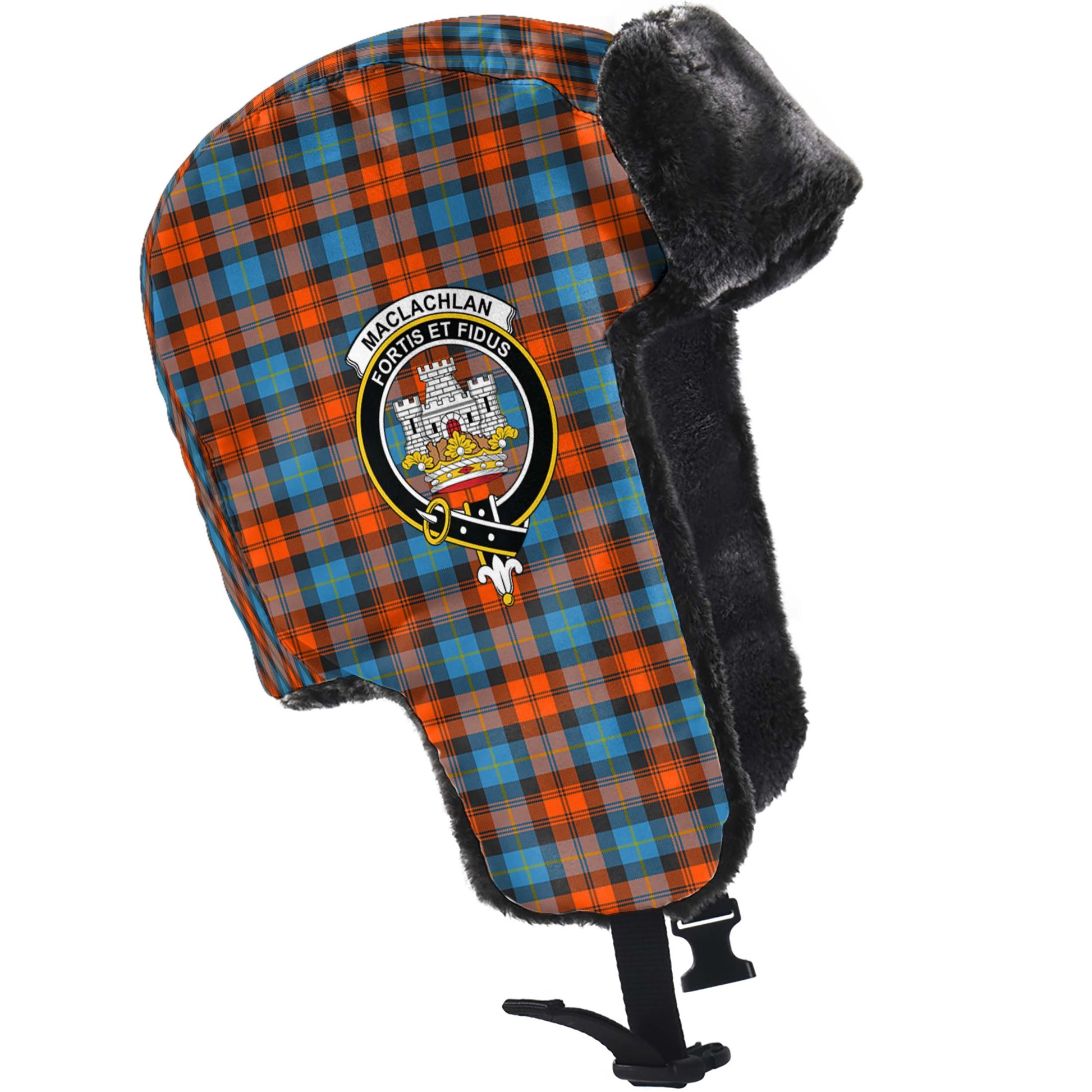 MacLachlan Ancient Tartan Winter Trapper Hat with Family Crest - Tartanvibesclothing