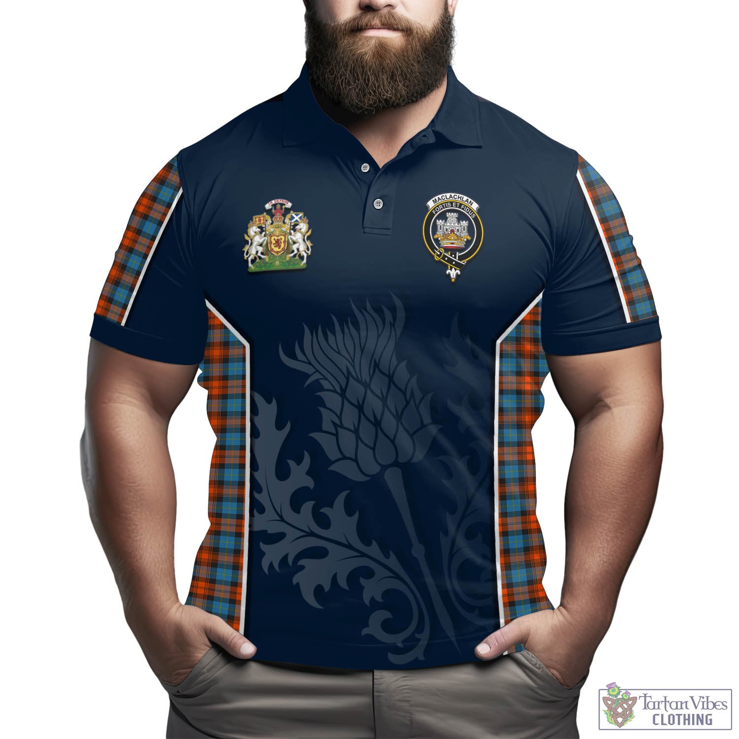 Tartan Vibes Clothing MacLachlan Ancient Tartan Men's Polo Shirt with Family Crest and Scottish Thistle Vibes Sport Style