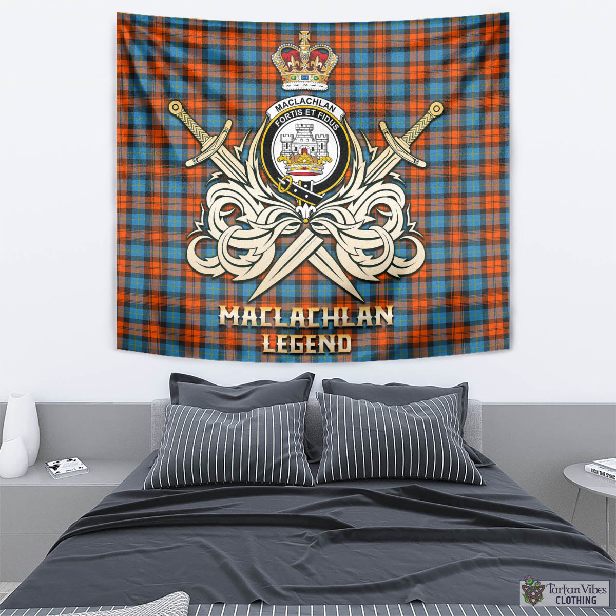 Tartan Vibes Clothing MacLachlan Ancient Tartan Tapestry with Clan Crest and the Golden Sword of Courageous Legacy