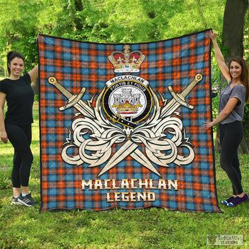 MacLachlan Ancient Tartan Quilt with Clan Crest and the Golden Sword of Courageous Legacy