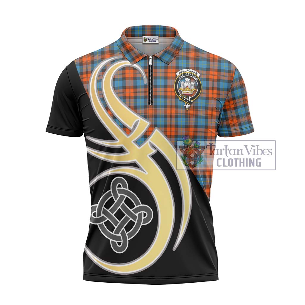 Tartan Vibes Clothing MacLachlan Ancient Tartan Zipper Polo Shirt with Family Crest and Celtic Symbol Style