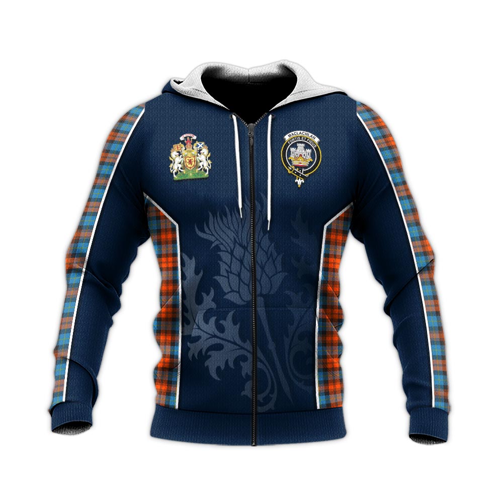 Tartan Vibes Clothing MacLachlan Ancient Tartan Knitted Hoodie with Family Crest and Scottish Thistle Vibes Sport Style