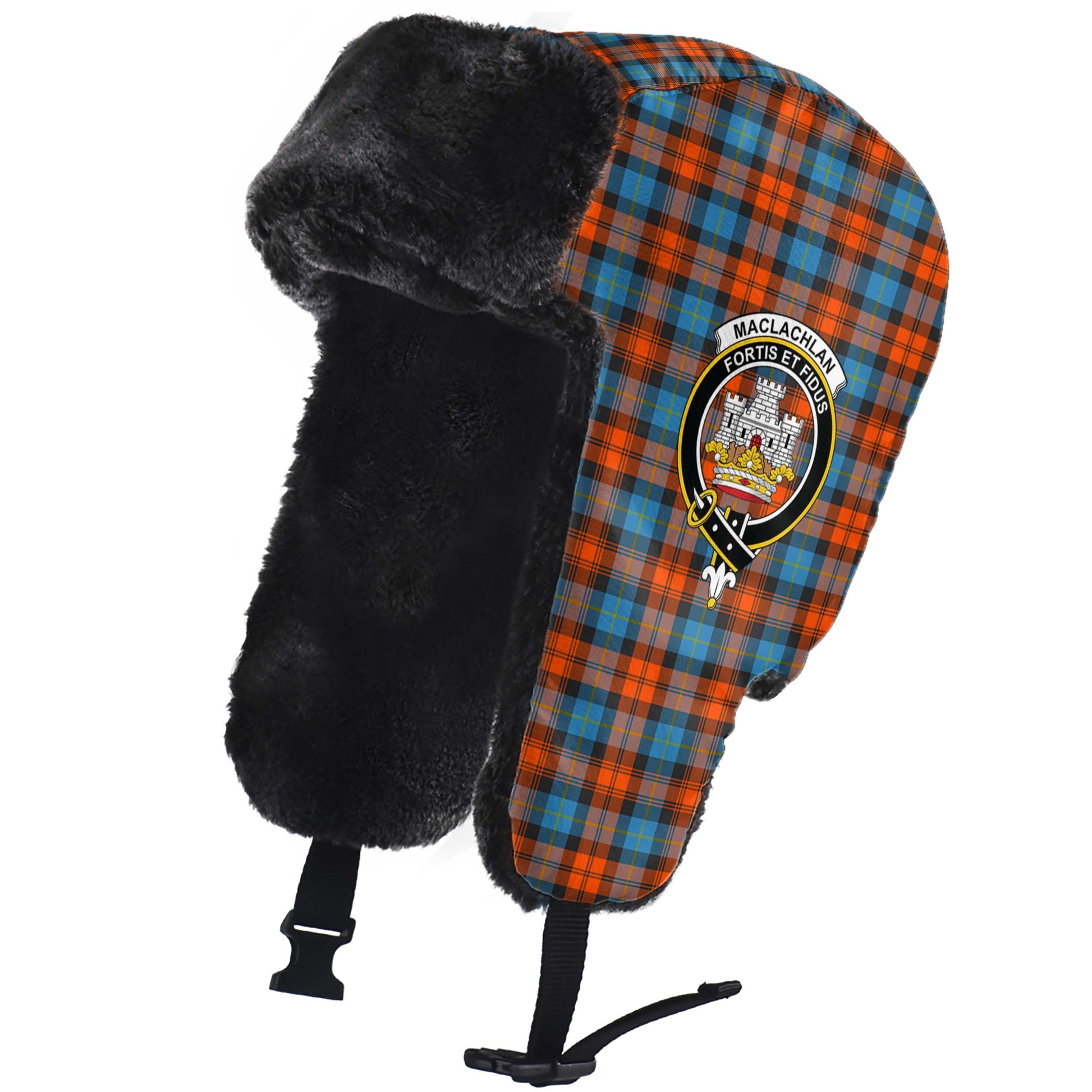 MacLachlan Ancient Tartan Winter Trapper Hat with Family Crest - Tartanvibesclothing