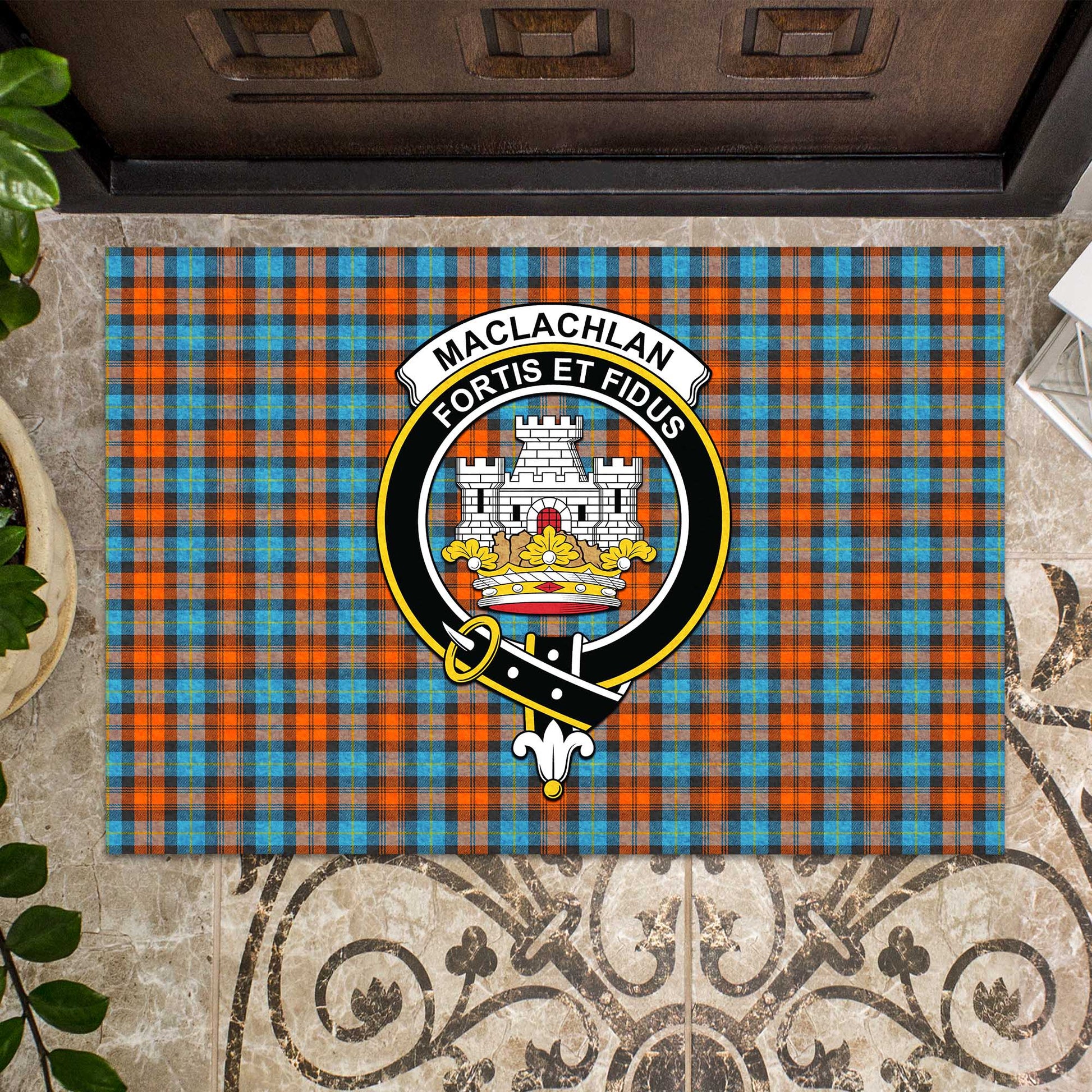 MacLachlan Ancient Tartan Door Mat with Family Crest - Tartanvibesclothing