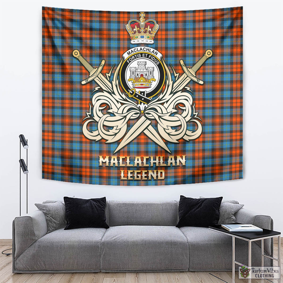 Tartan Vibes Clothing MacLachlan Ancient Tartan Tapestry with Clan Crest and the Golden Sword of Courageous Legacy