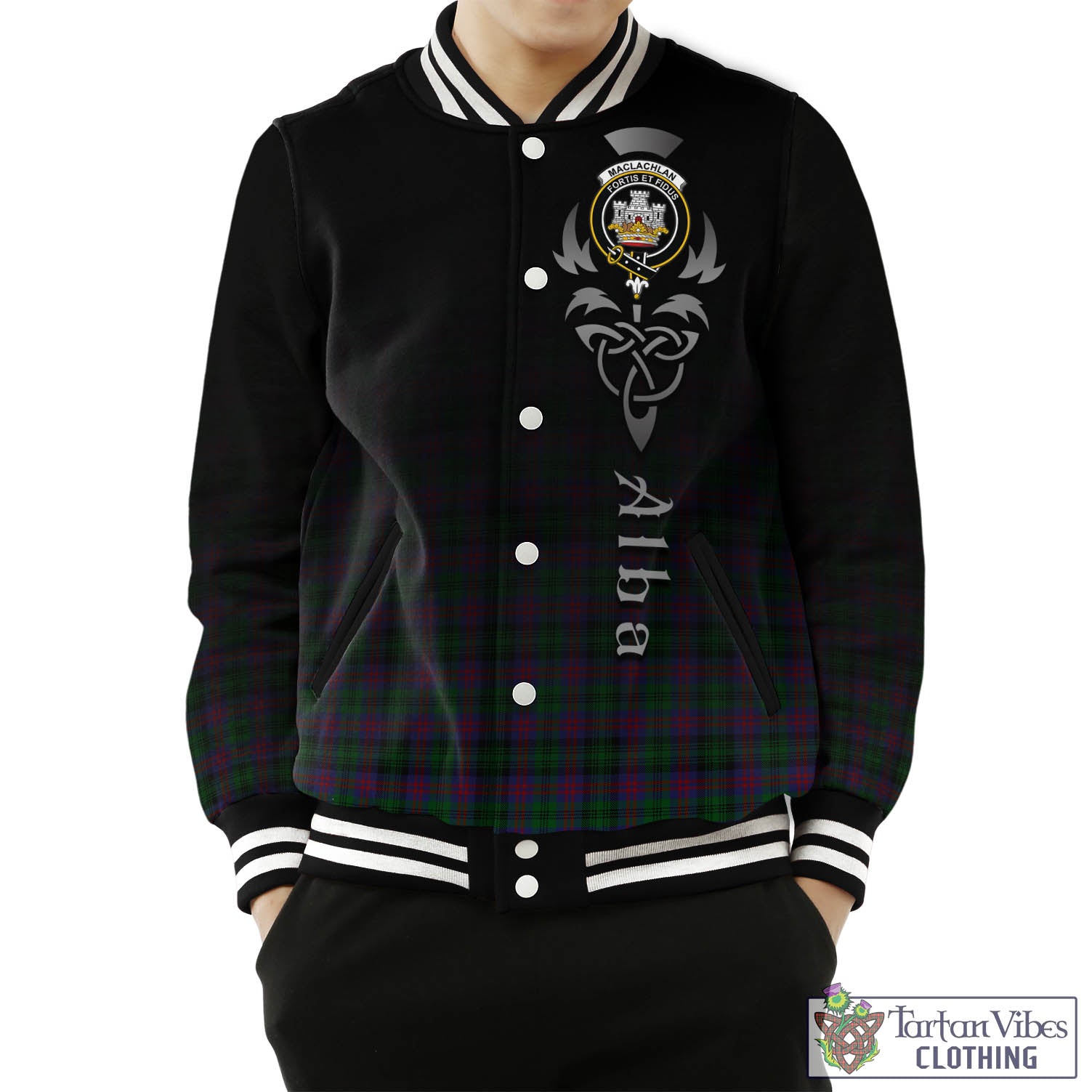 Tartan Vibes Clothing MacLachlan Hunting Tartan Baseball Jacket Featuring Alba Gu Brath Family Crest Celtic Inspired