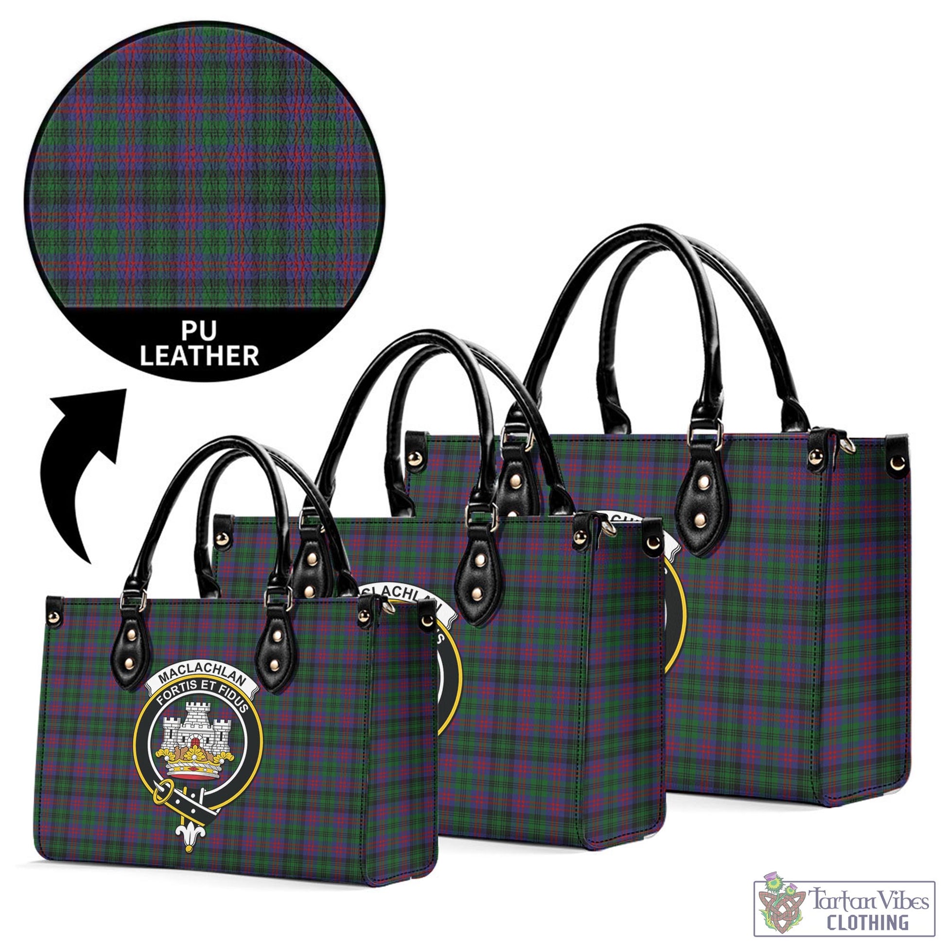 Tartan Vibes Clothing MacLachlan Hunting Tartan Luxury Leather Handbags with Family Crest