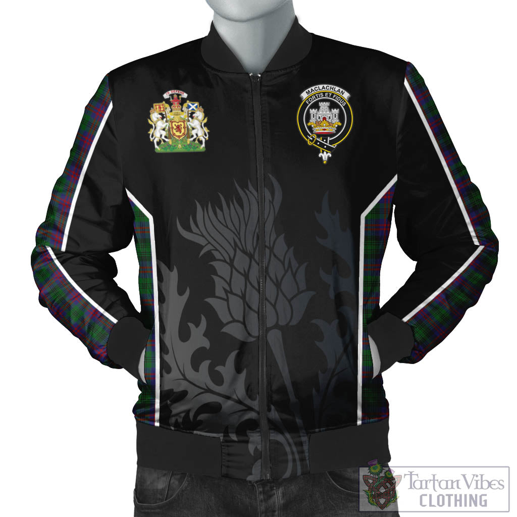 Tartan Vibes Clothing MacLachlan Hunting Tartan Bomber Jacket with Family Crest and Scottish Thistle Vibes Sport Style