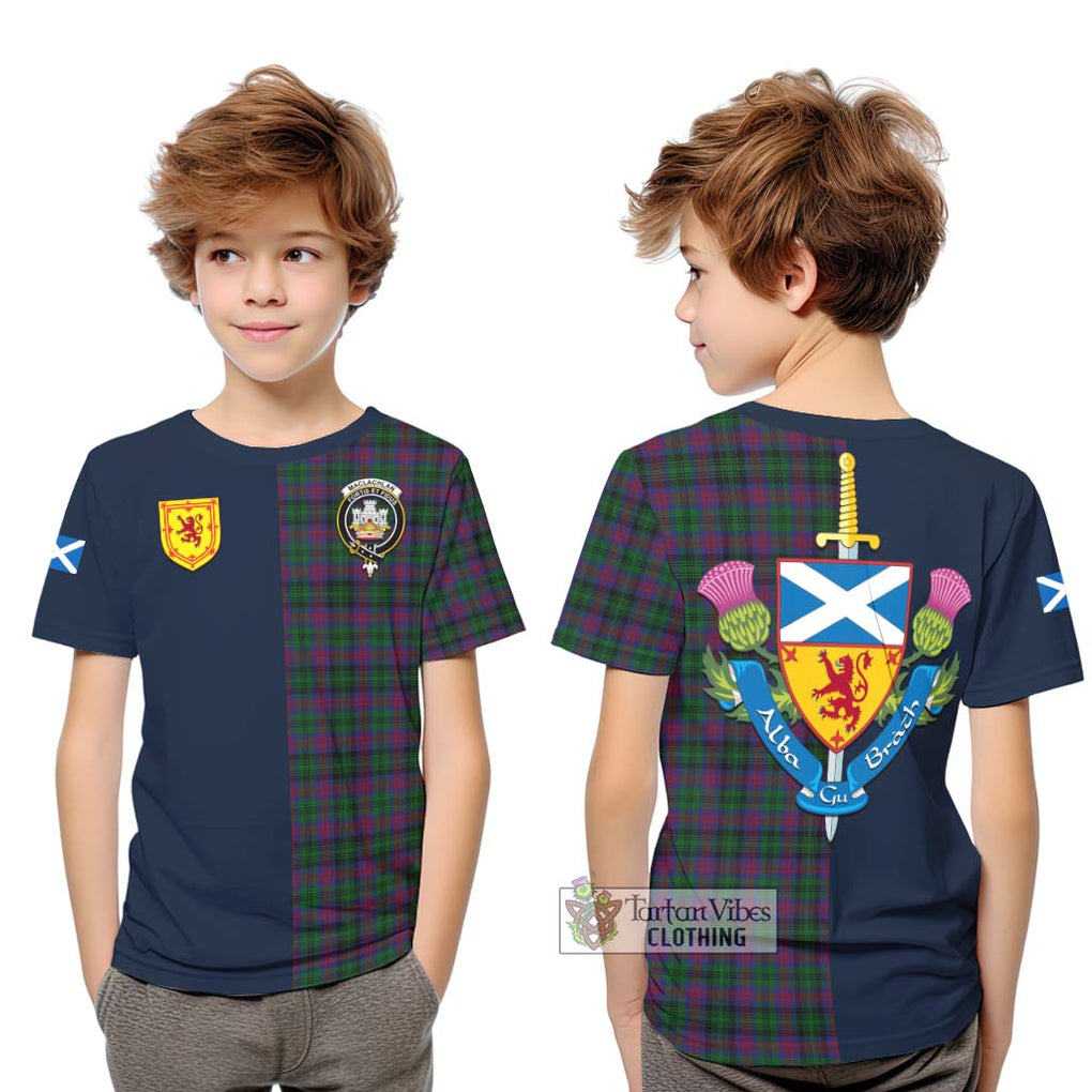 Tartan Vibes Clothing MacLachlan Hunting Tartan Kid T-Shirt with Scottish Lion Royal Arm Half Style