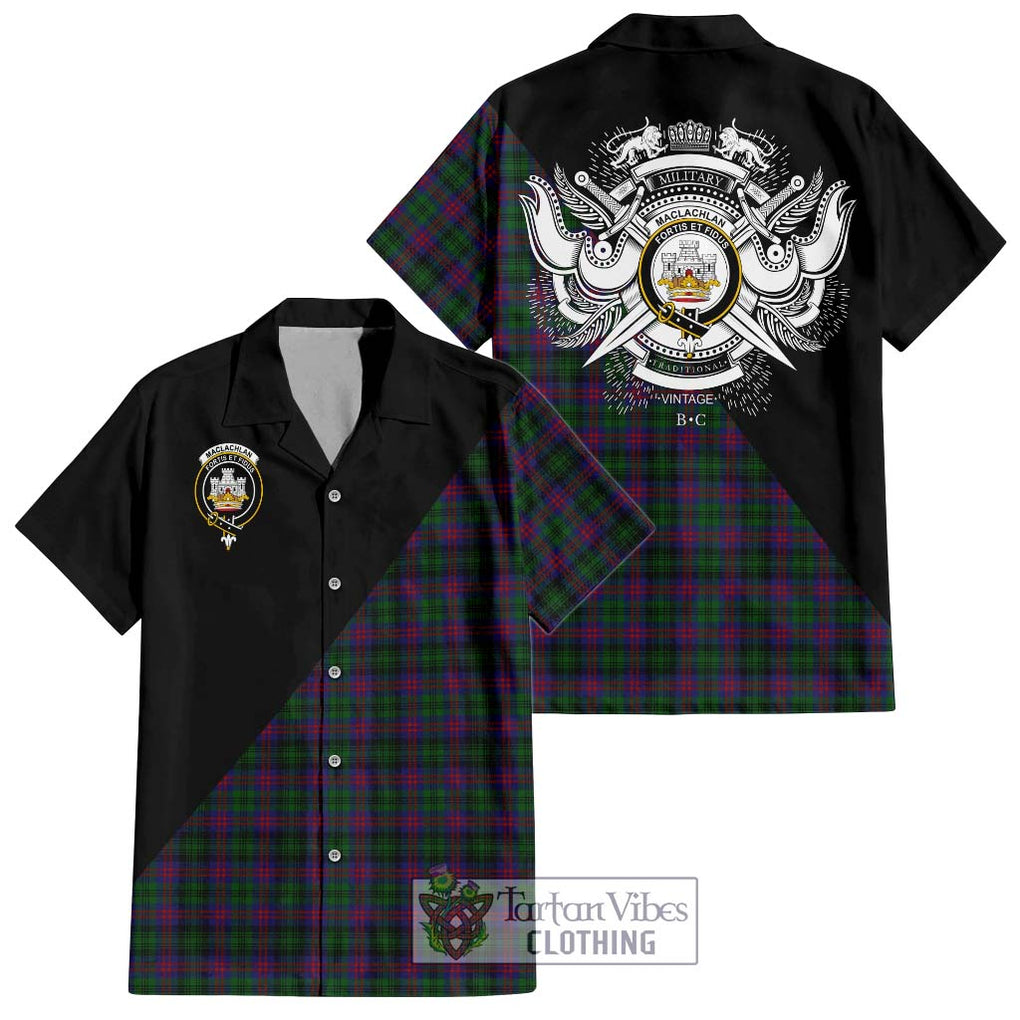 MacLachlan Hunting Tartan Short Sleeve Button Shirt with Family Crest and Military Logo Style Kid - Tartanvibesclothing Shop