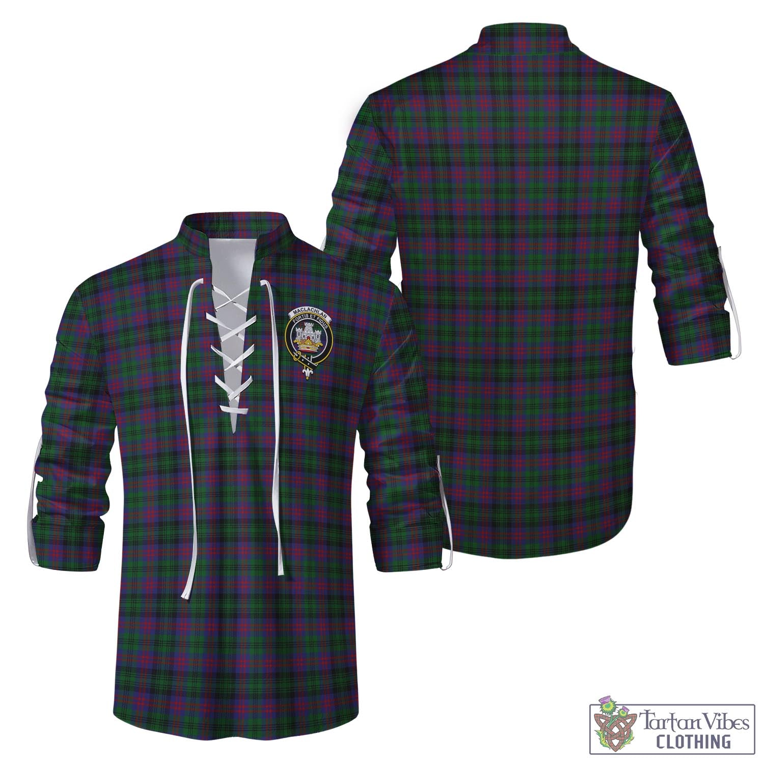 Tartan Vibes Clothing MacLachlan Hunting Tartan Men's Scottish Traditional Jacobite Ghillie Kilt Shirt with Family Crest