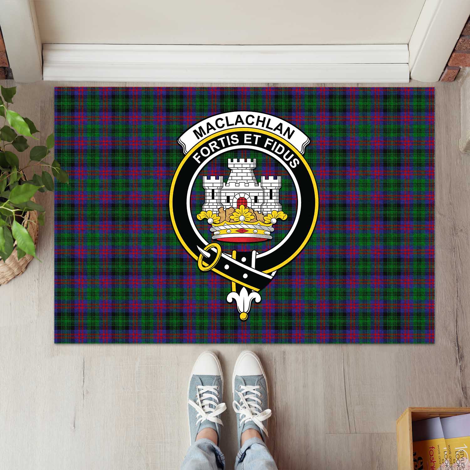 MacLachlan Hunting Tartan Door Mat with Family Crest - Tartanvibesclothing