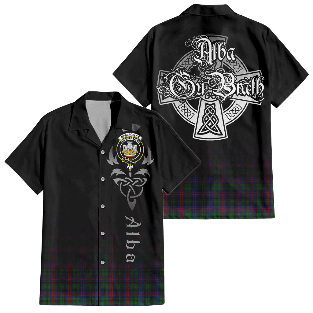 Tartan Vibes Clothing MacLachlan Hunting Tartan Short Sleeve Button Up Featuring Alba Gu Brath Family Crest Celtic Inspired