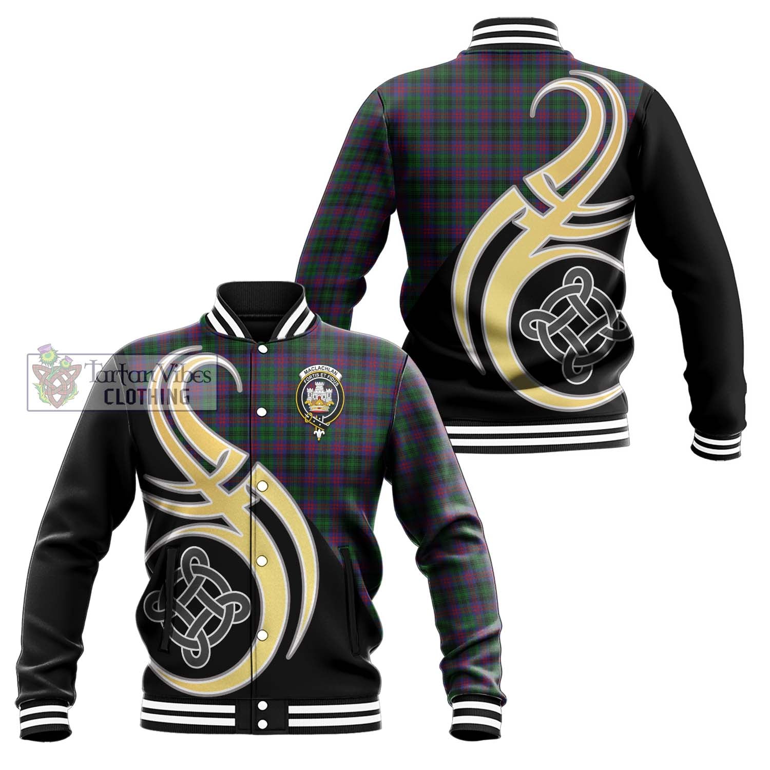 MacLachlan Hunting Tartan Baseball Jacket with Family Crest and Celtic Symbol Style Unisex - Tartan Vibes Clothing