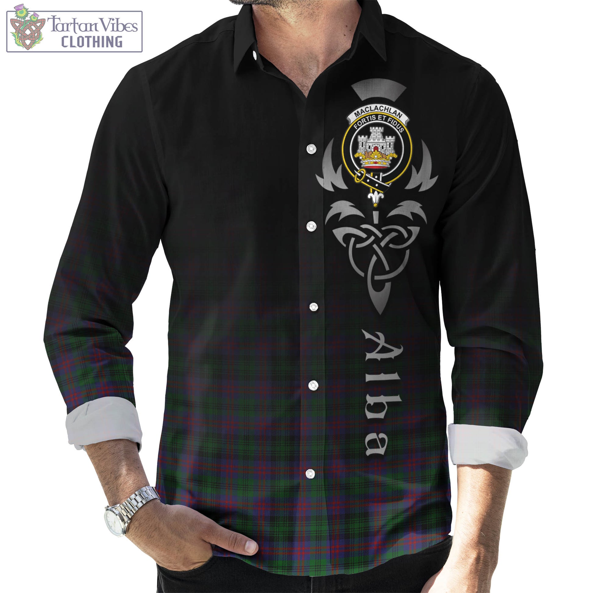 Tartan Vibes Clothing MacLachlan Hunting Tartan Long Sleeve Button Up Featuring Alba Gu Brath Family Crest Celtic Inspired