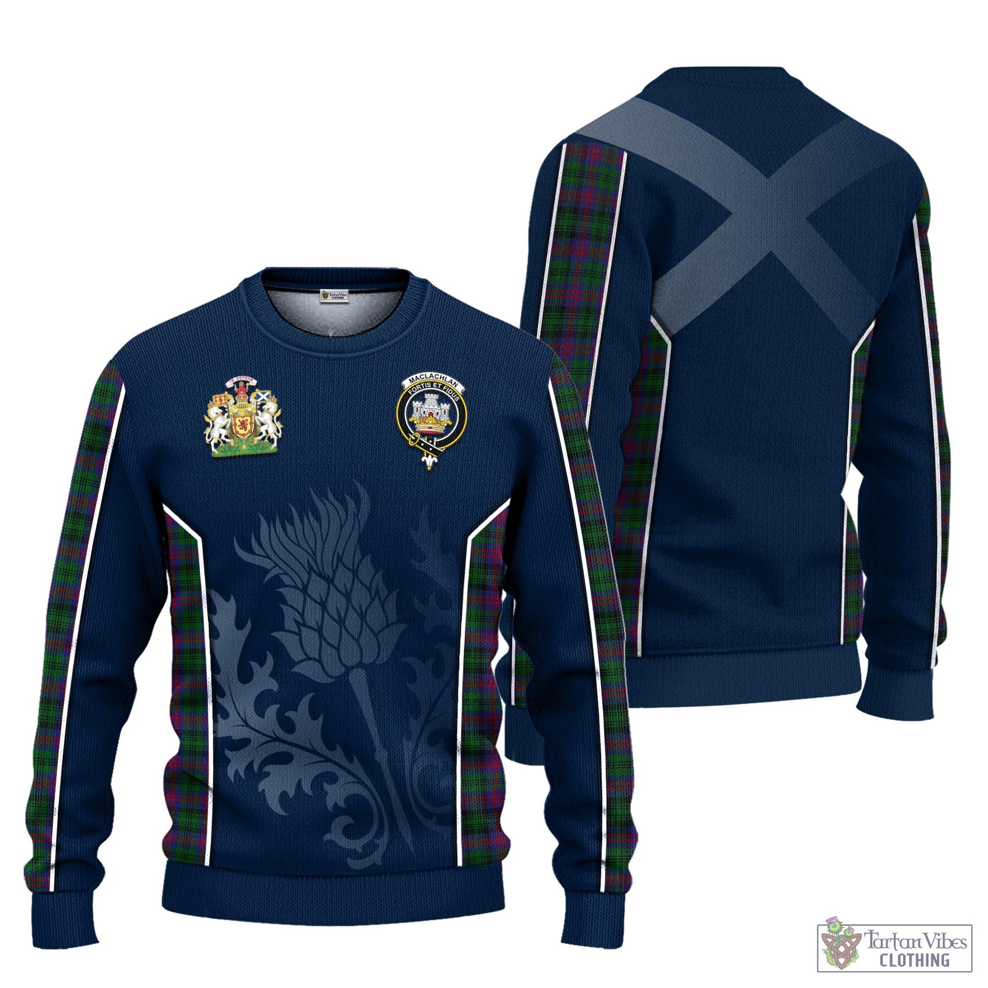 Tartan Vibes Clothing MacLachlan Hunting Tartan Knitted Sweatshirt with Family Crest and Scottish Thistle Vibes Sport Style