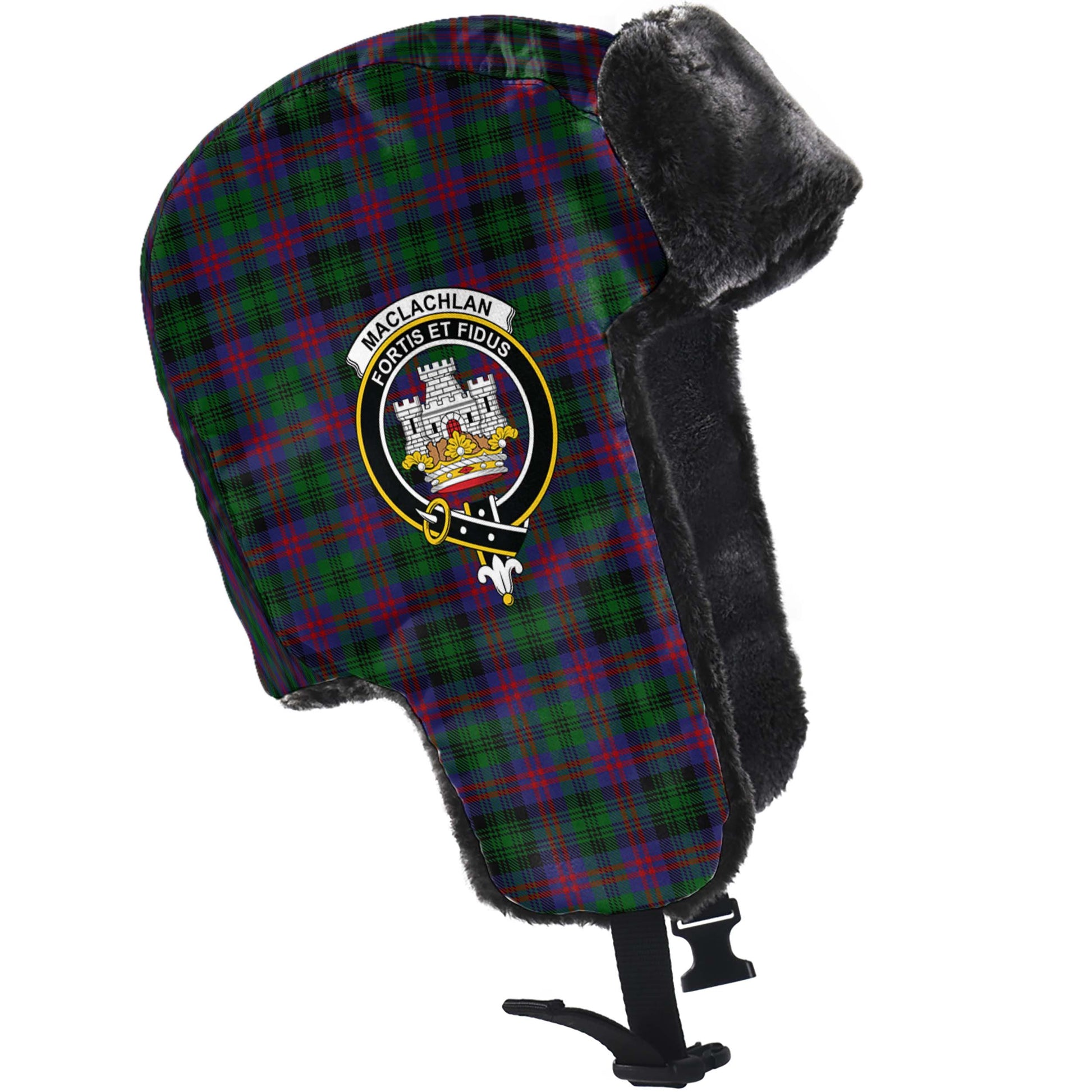 MacLachlan Hunting Tartan Winter Trapper Hat with Family Crest - Tartanvibesclothing