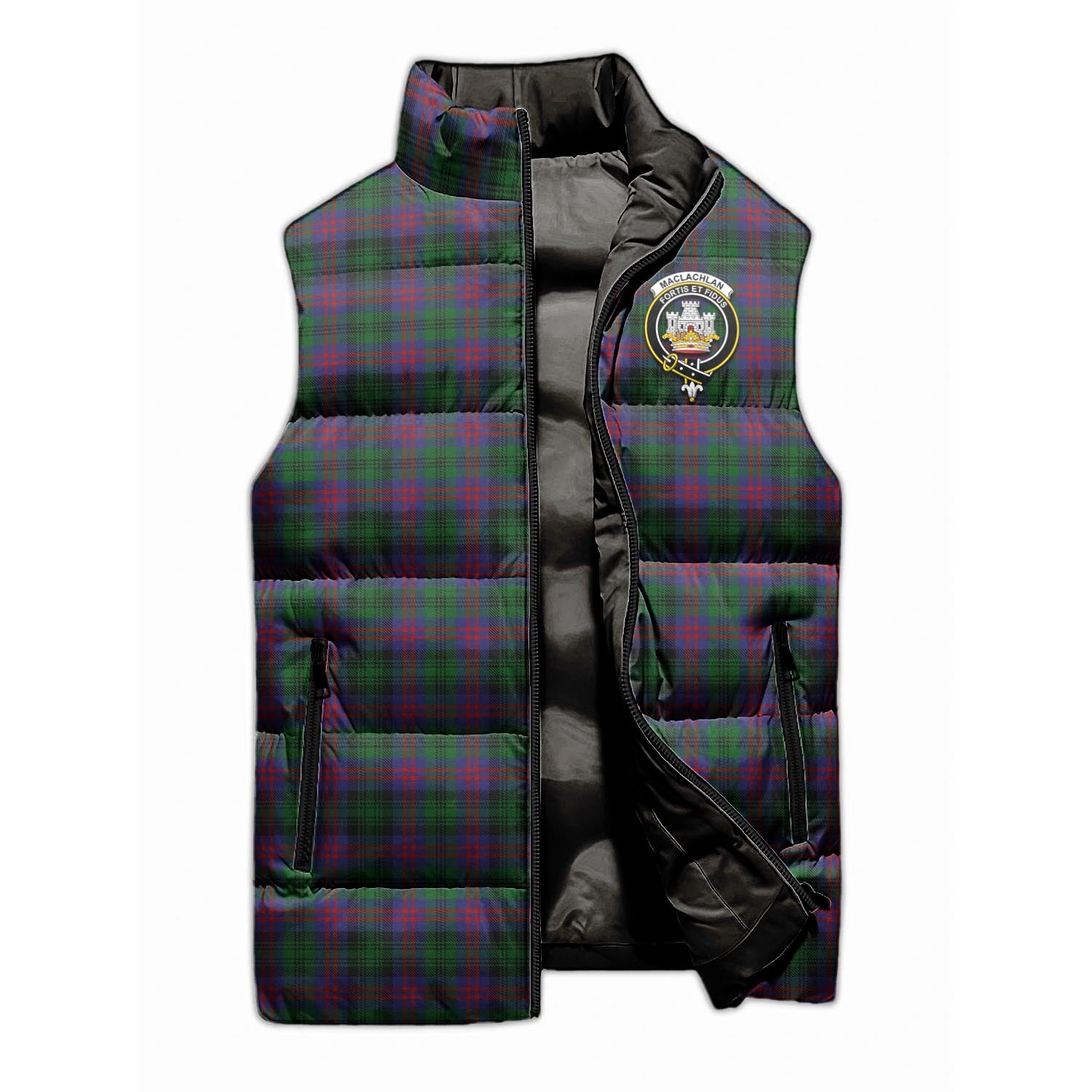 MacLachlan Hunting Tartan Sleeveless Puffer Jacket with Family Crest - Tartanvibesclothing