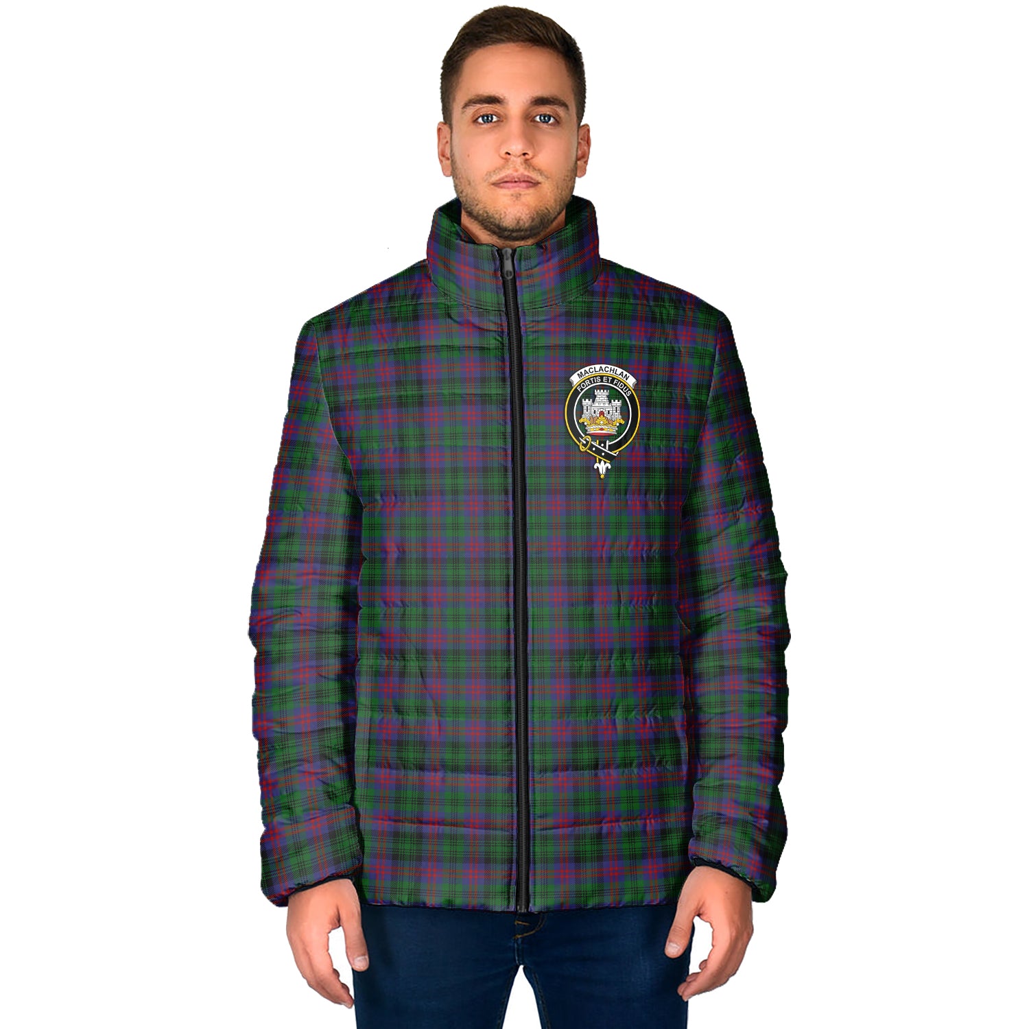 MacLachlan Hunting Tartan Padded Jacket with Family Crest - Tartanvibesclothing