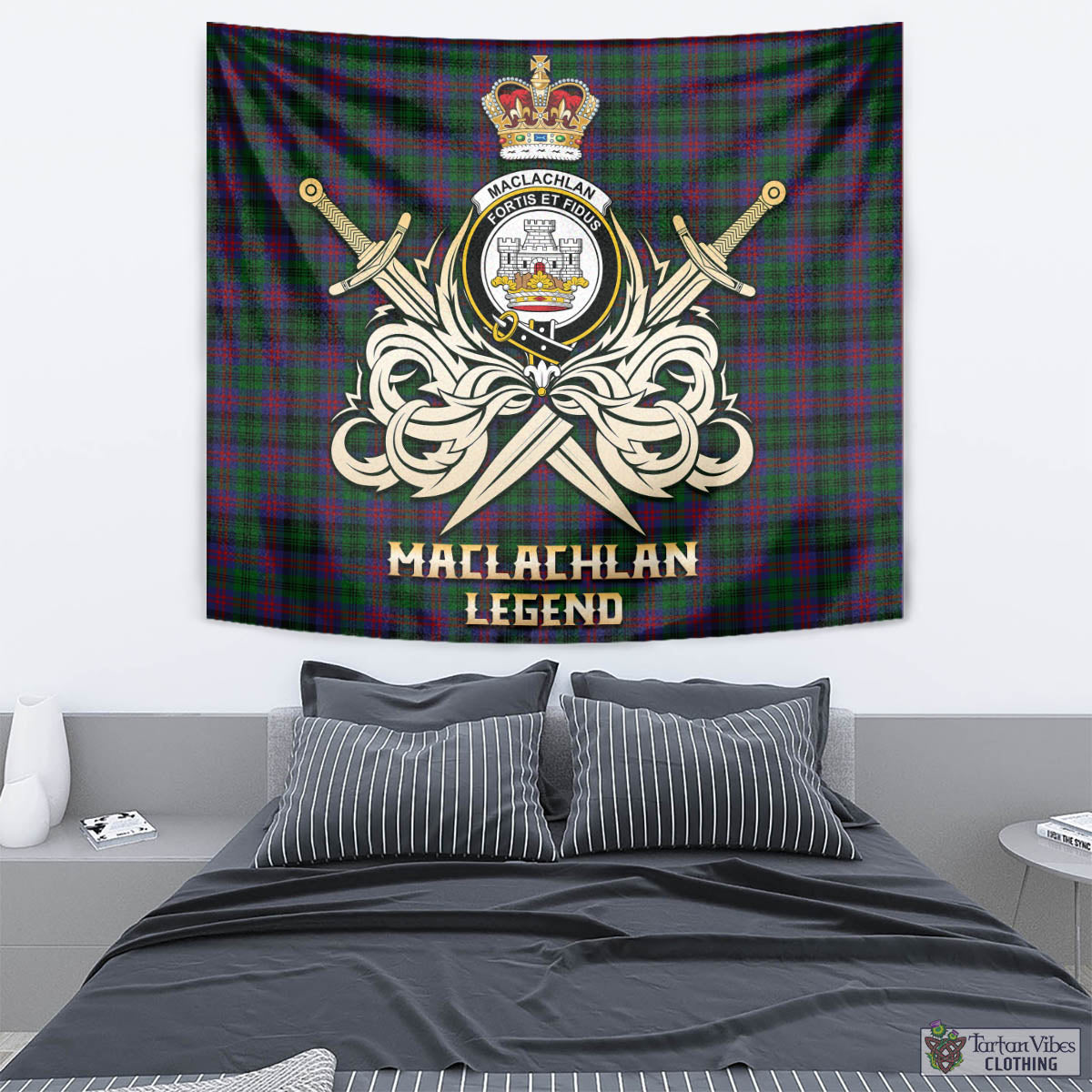 Tartan Vibes Clothing MacLachlan Hunting Tartan Tapestry with Clan Crest and the Golden Sword of Courageous Legacy