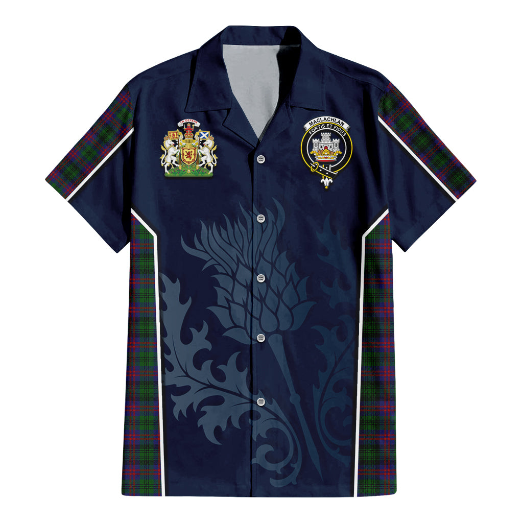 Tartan Vibes Clothing MacLachlan Hunting Tartan Short Sleeve Button Up Shirt with Family Crest and Scottish Thistle Vibes Sport Style