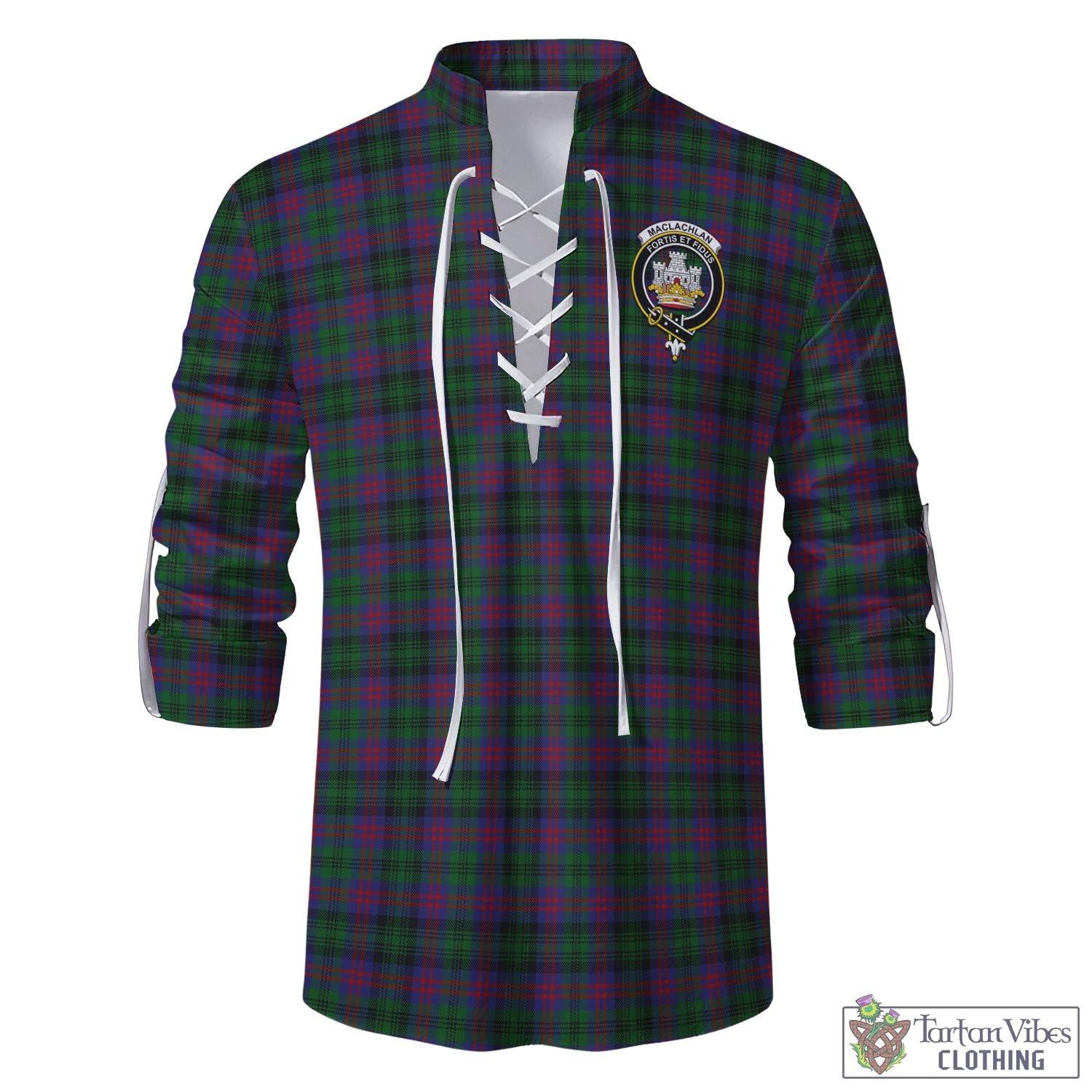 Tartan Vibes Clothing MacLachlan Hunting Tartan Men's Scottish Traditional Jacobite Ghillie Kilt Shirt with Family Crest